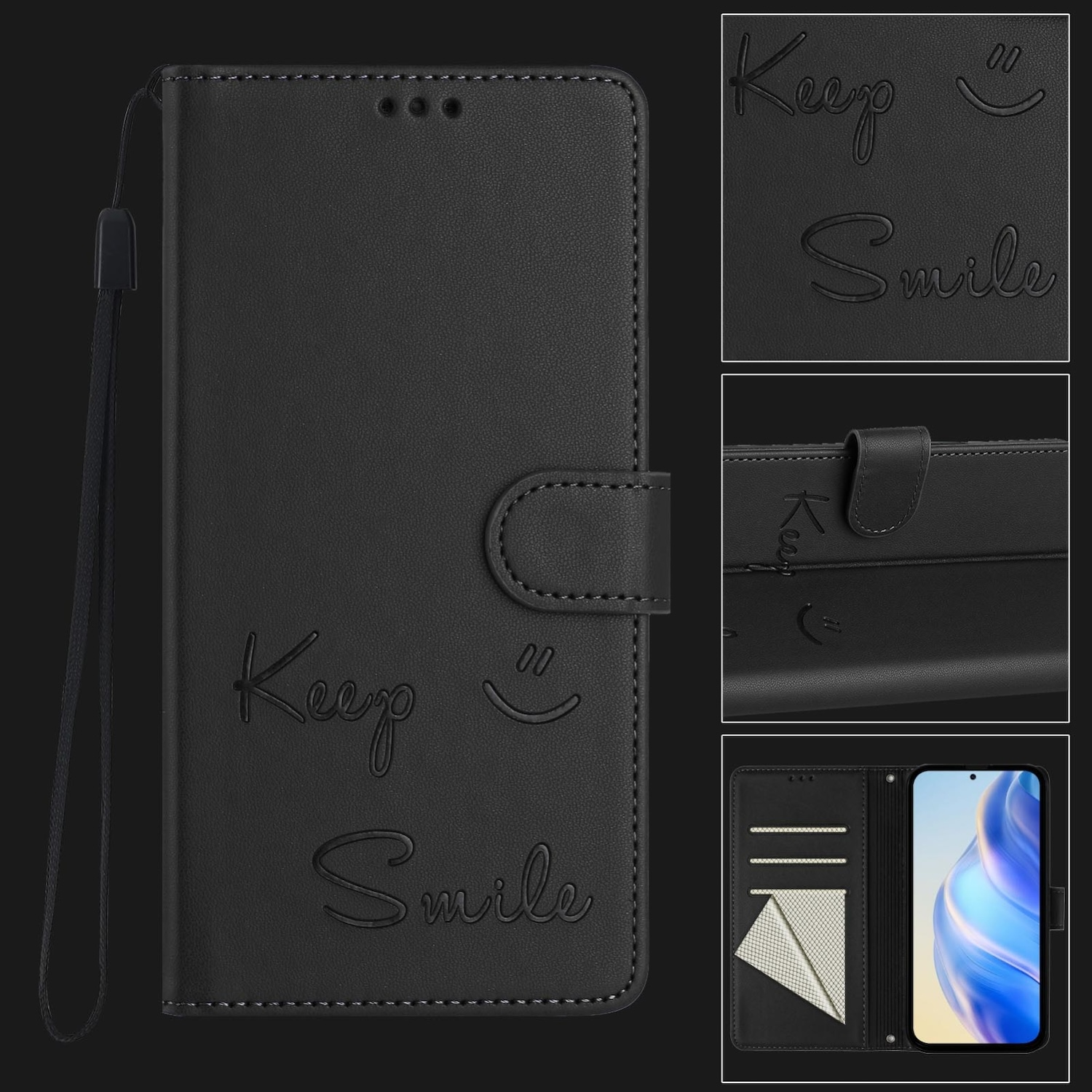 Schwarze Handyhülle mit Prägung 'Keep Smile'. Mit Magnetverschluss und Kartenfächern.