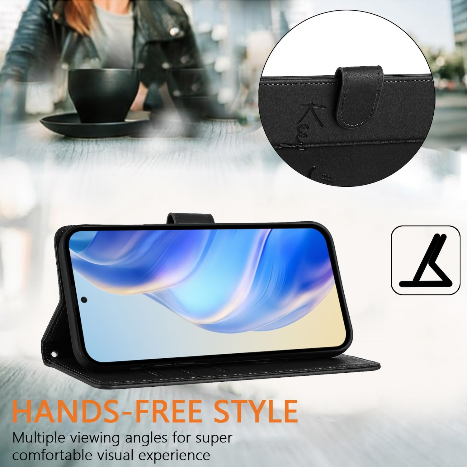 Eine schwarze Handyhülle mit einem Telefon darin, mehrere Betrachtungswinkel verfügbar. Es ist im Freisprechmodus.