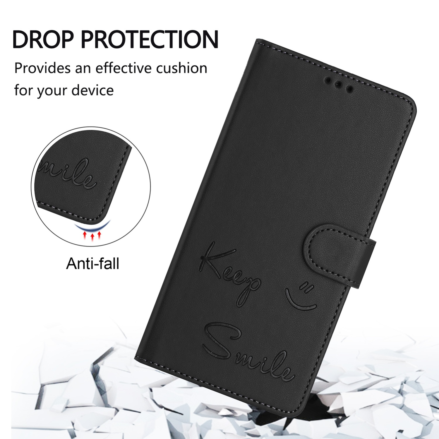 Eine schwarze Handyhülle mit der Aufschrift 'Keep Smile'.