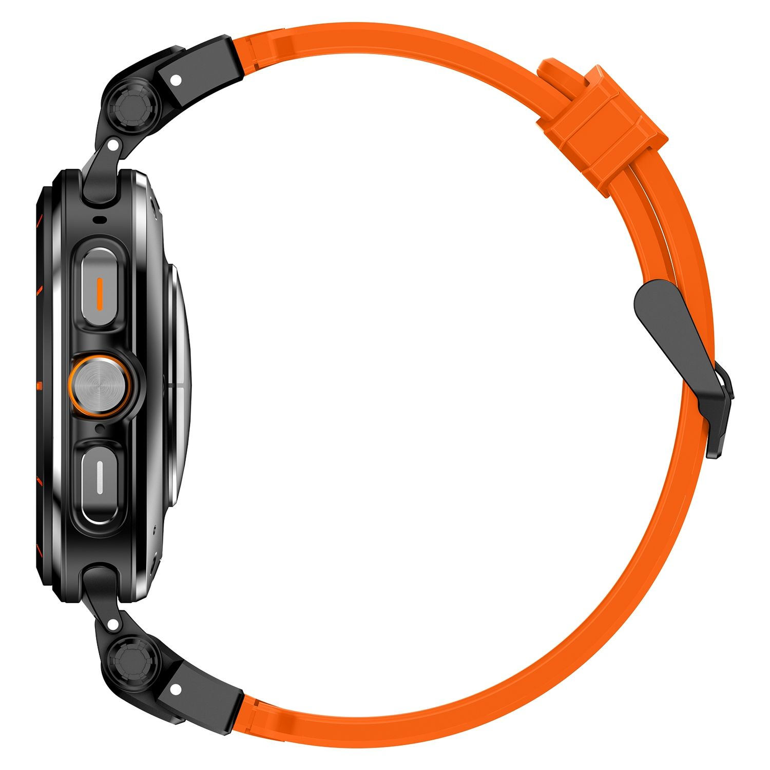 Seitenansicht einer schwarzen Smartwatch mit orangefarbenem Armband. Die Uhr hat Knöpfe und das Band ist gebogen.