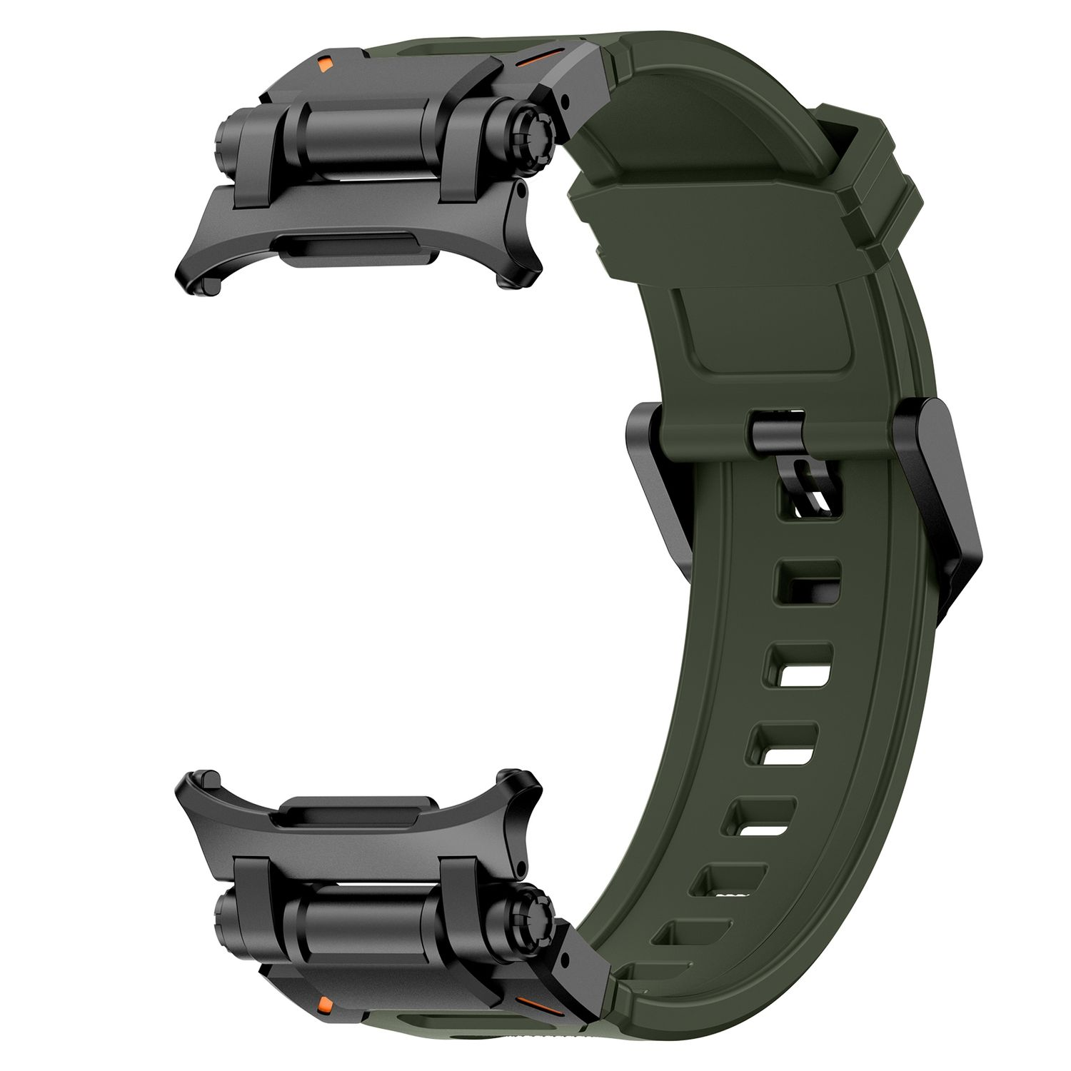 Olivgrünes Uhrenarmband mit schwarzen Verschlüssen und Aufsätzen.