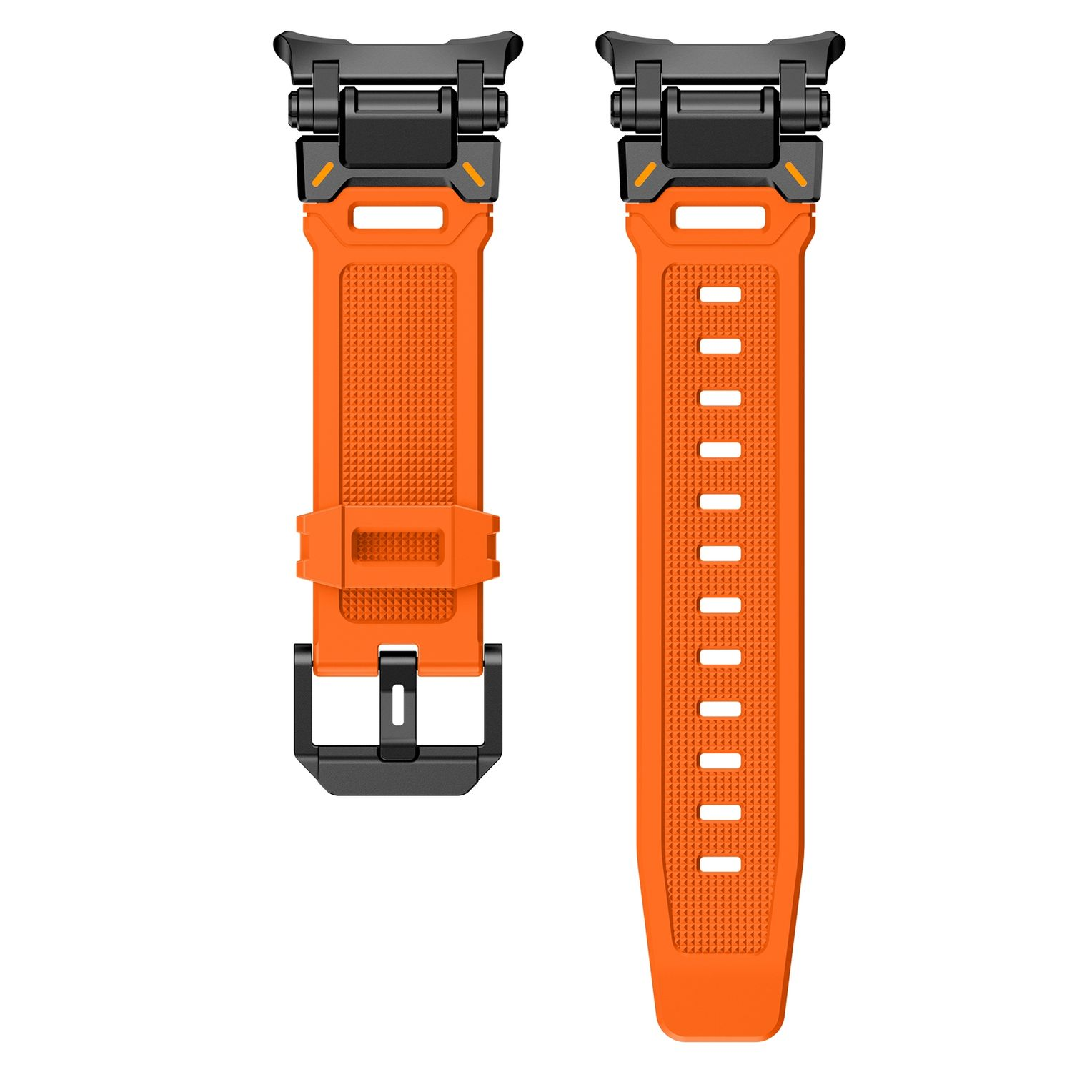 Zwei orangefarbene Uhrenarmbänder mit schwarzen Akzenten. Ein Armband hat eine Schnalle, das andere Löcher.
