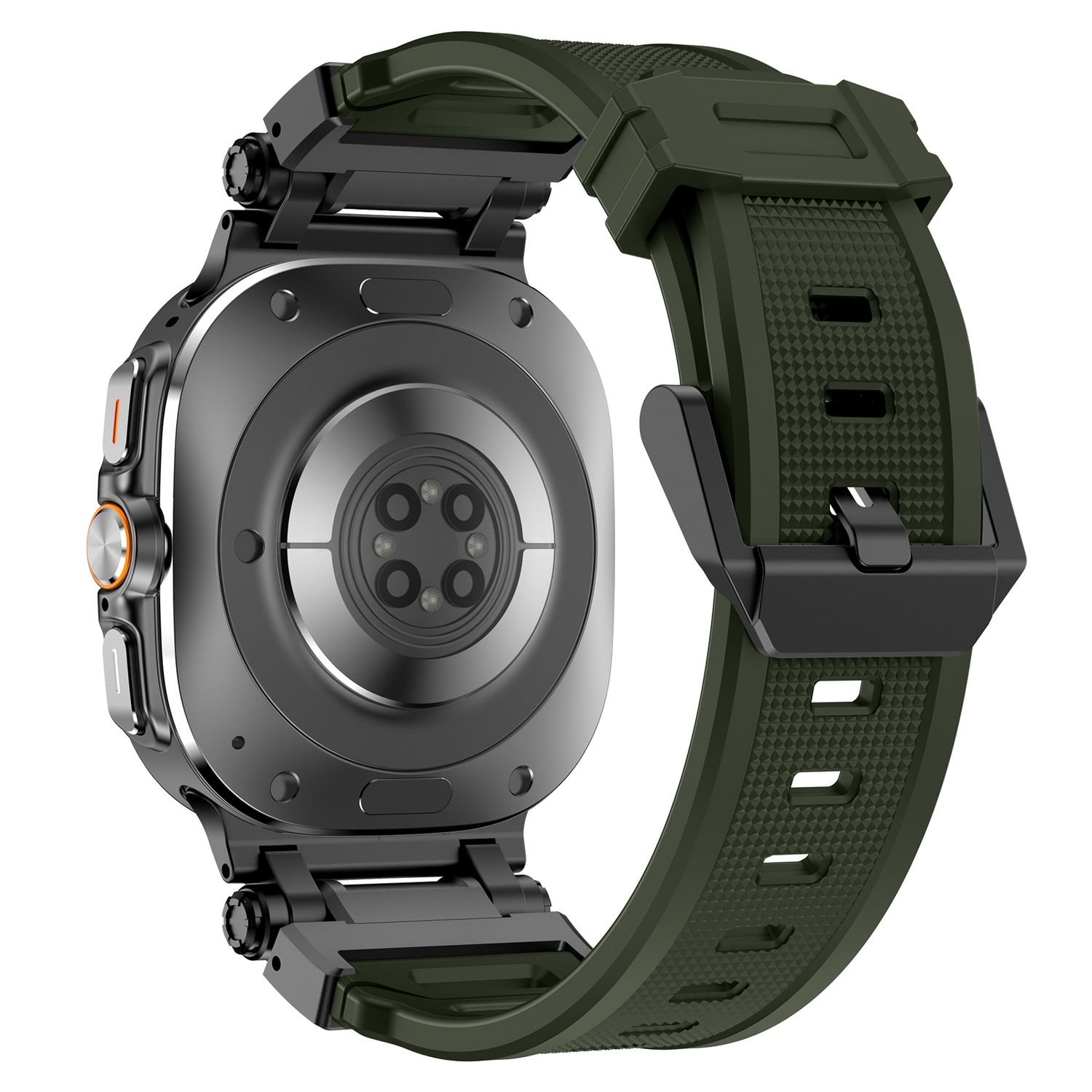 Eine Smartwatch mit grünem Armband. Die Uhr ist schwarz und hat Knöpfe.