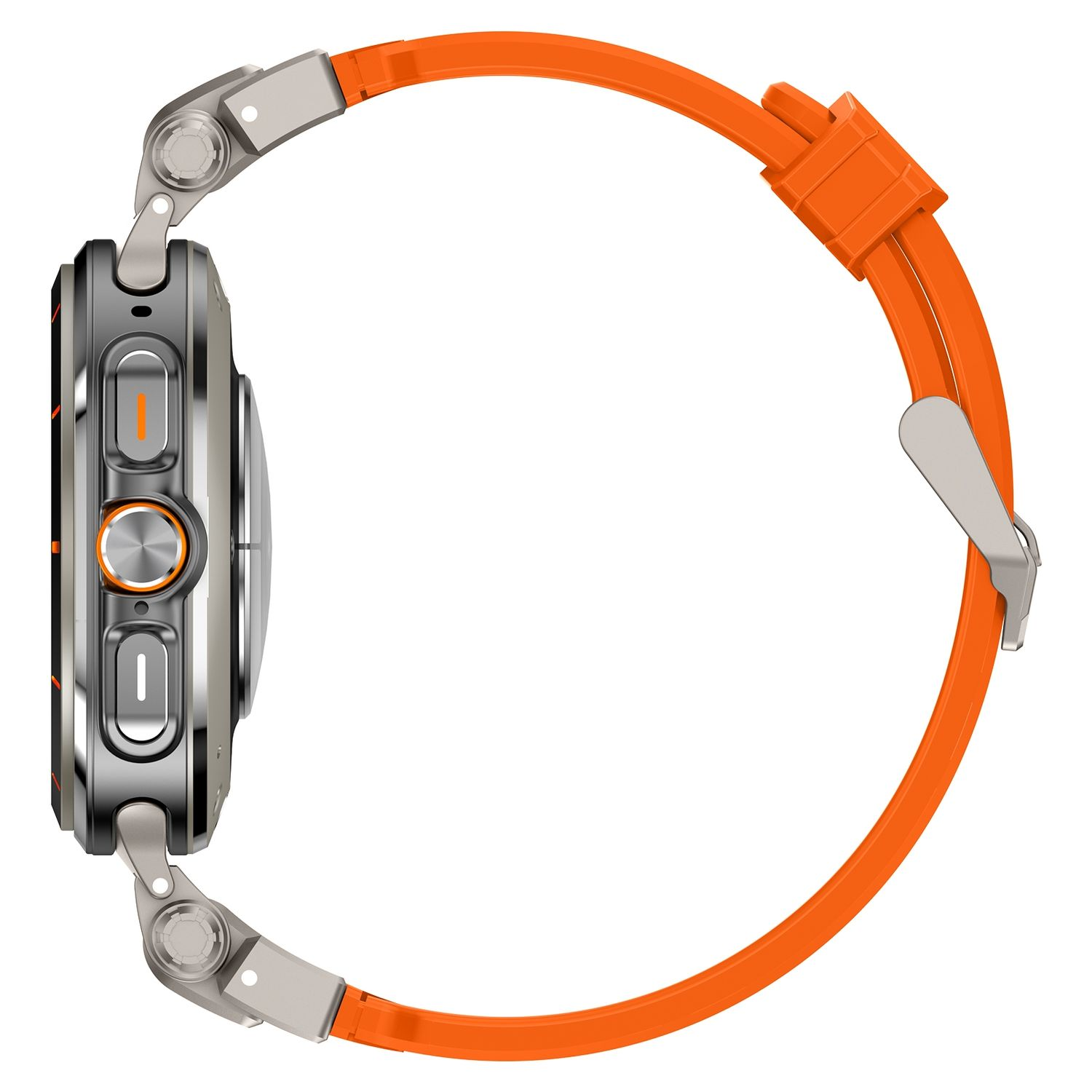 Seitenansicht einer Smartwatch mit orangefarbenem Armband und silberfarbenem Gehäuse, das kreisförmige Design zeigt.