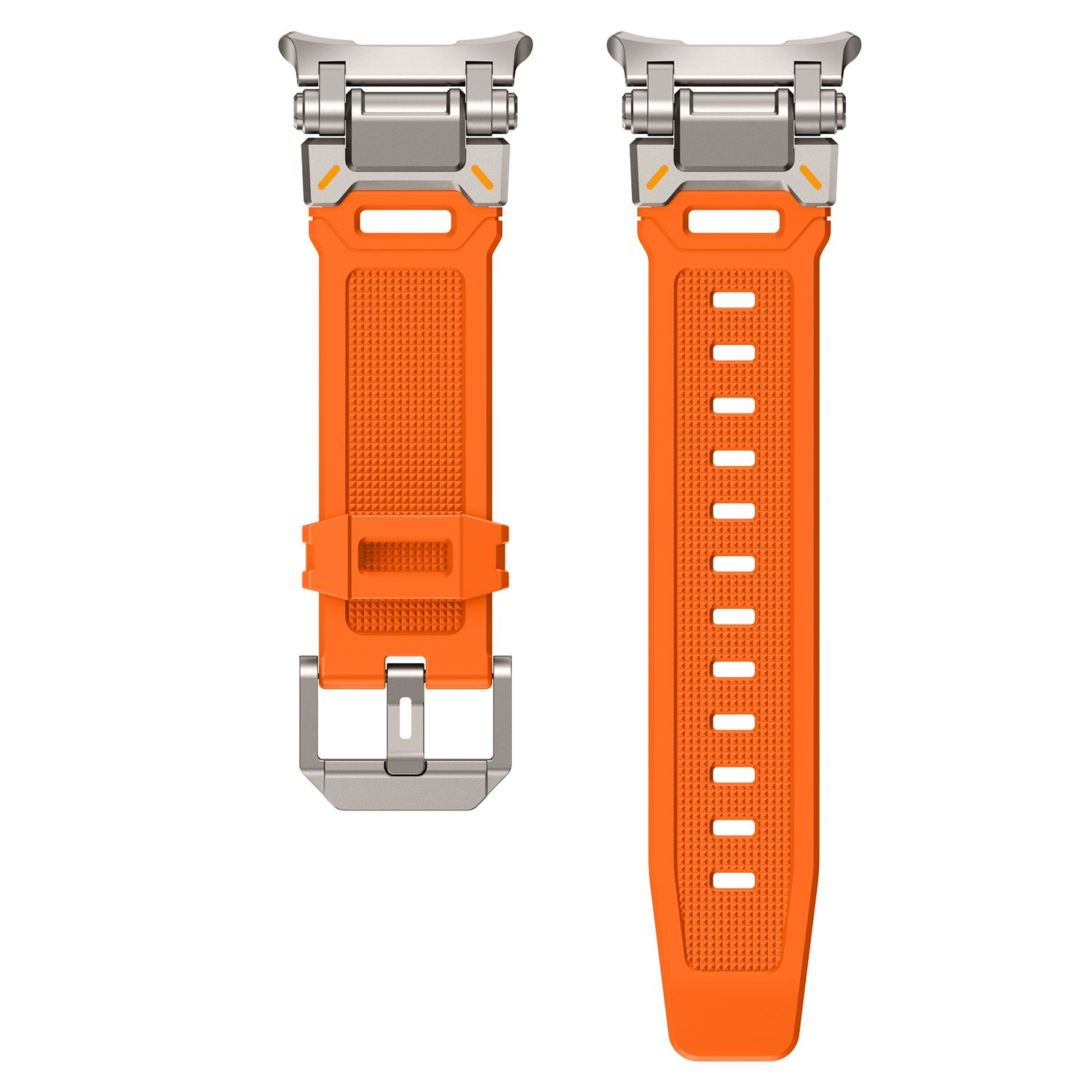 Zwei orangefarbene Uhrenarmbänder mit silbernen Schnallen und Metallverbindern, auf weißem Hintergrund.