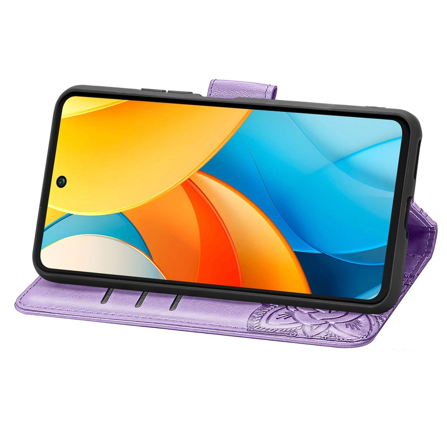 Lila Handyhülle mit einem Handy darin.