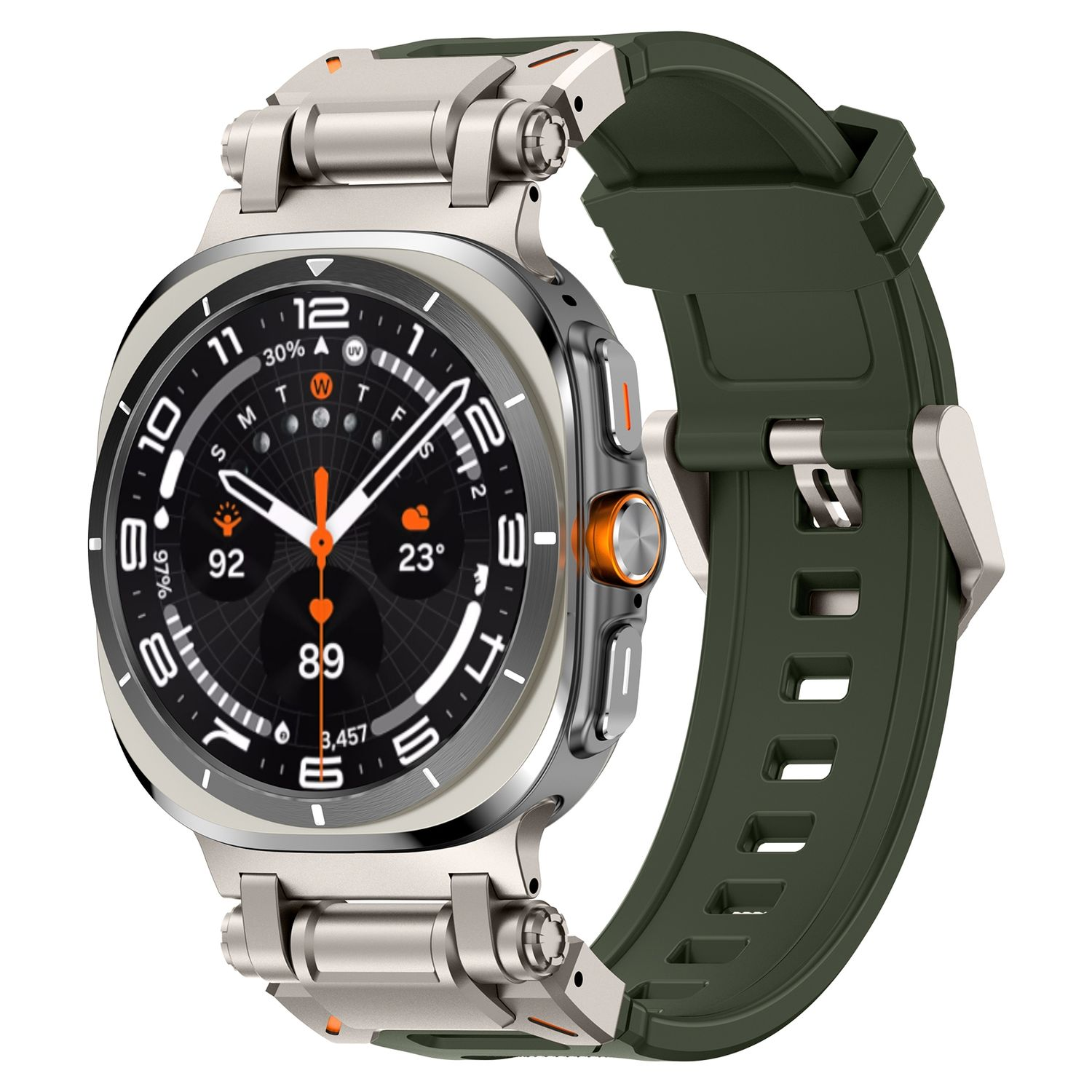 Silberne und grüne Smartwatch mit rundem Zifferblatt, schwarzem Display und olivgrünem Armband.