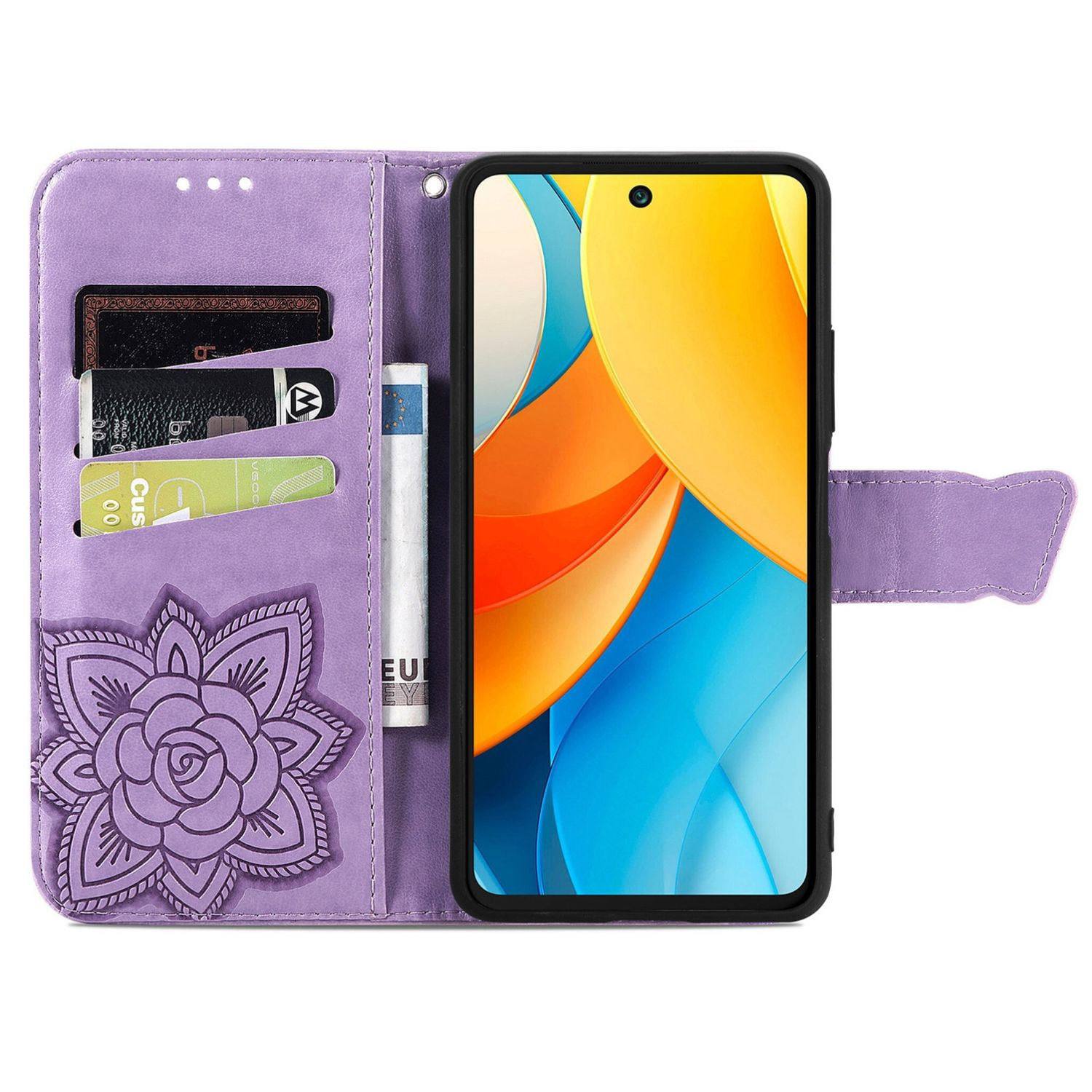 Eine lila Handyhülle mit Mandala-Design, mit Karten und Geld, mit einem Handy, das ein farbenfrohes Bild zeigt.