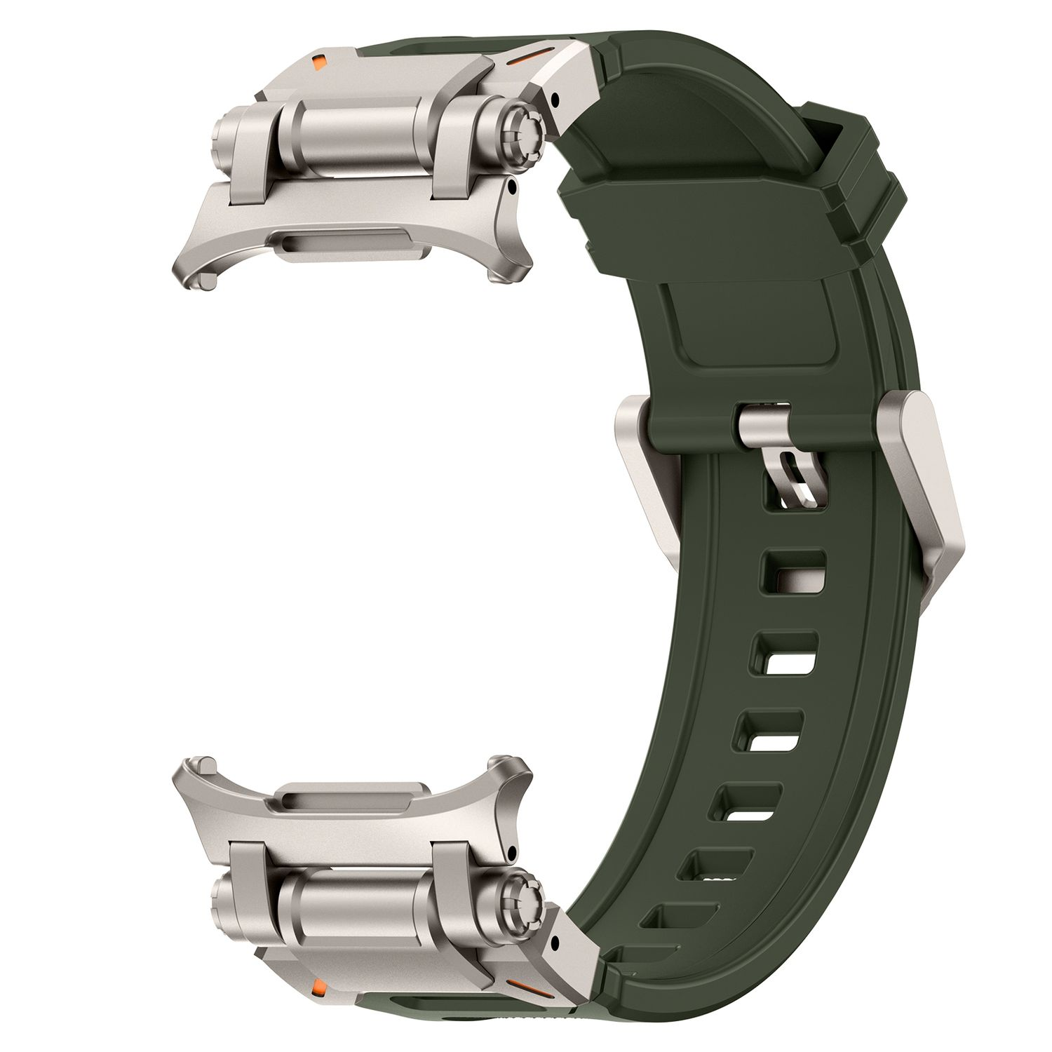 Grünes Uhrenarmband mit silbernen Metallkomponenten. Das Armband ist gebogen und hat ein robustes, sportliches Design.