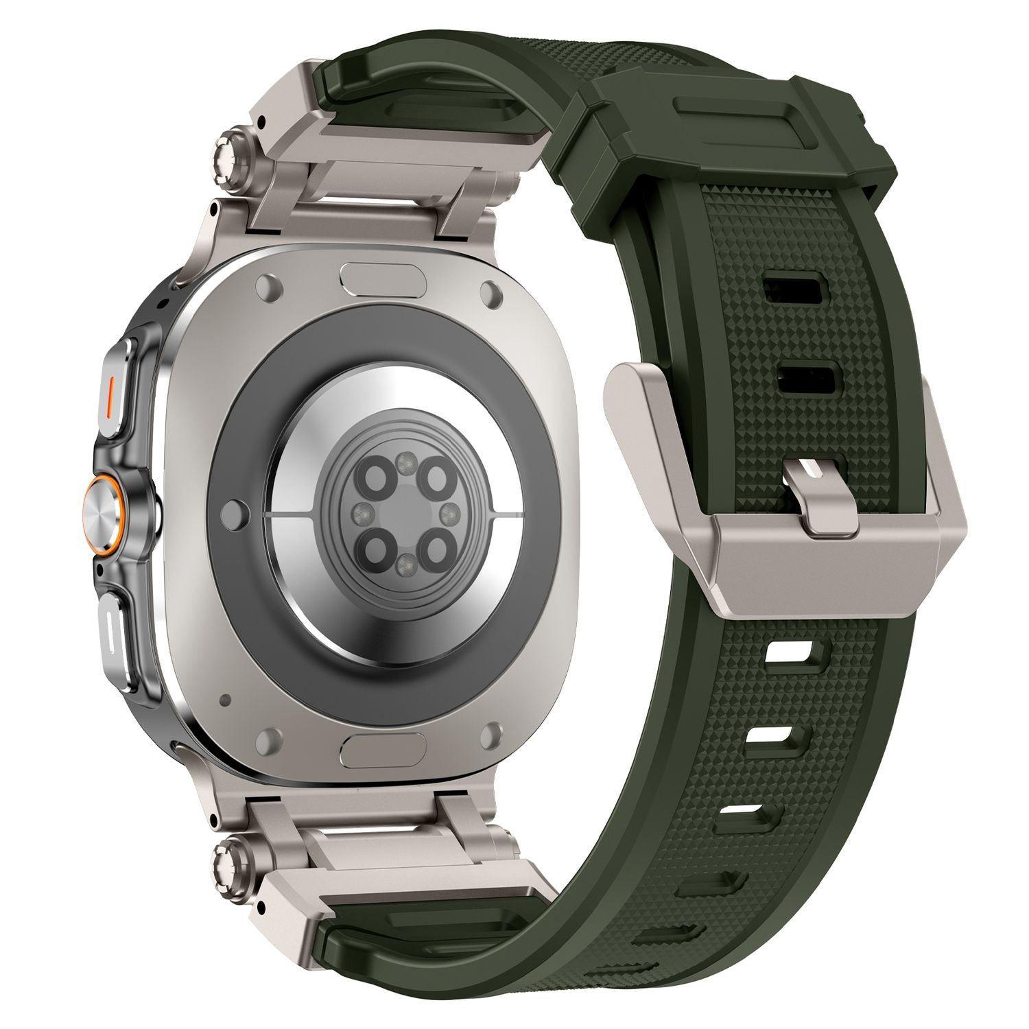 Eine silberne Smartwatch mit grünem Armband. Die Uhr befindet sich auf weißem Hintergrund. Die Uhr ist silber.