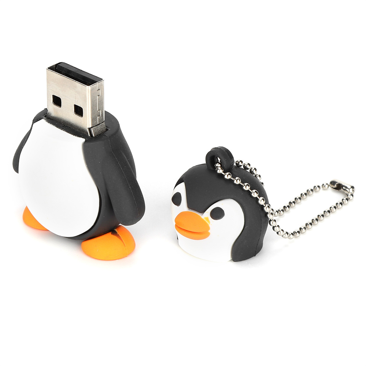 Pinguin-USB-Stick mit abgenommener Kappe. Der Stick ist schwarz-weiß und hat einen orangefarbenen Schnabel.