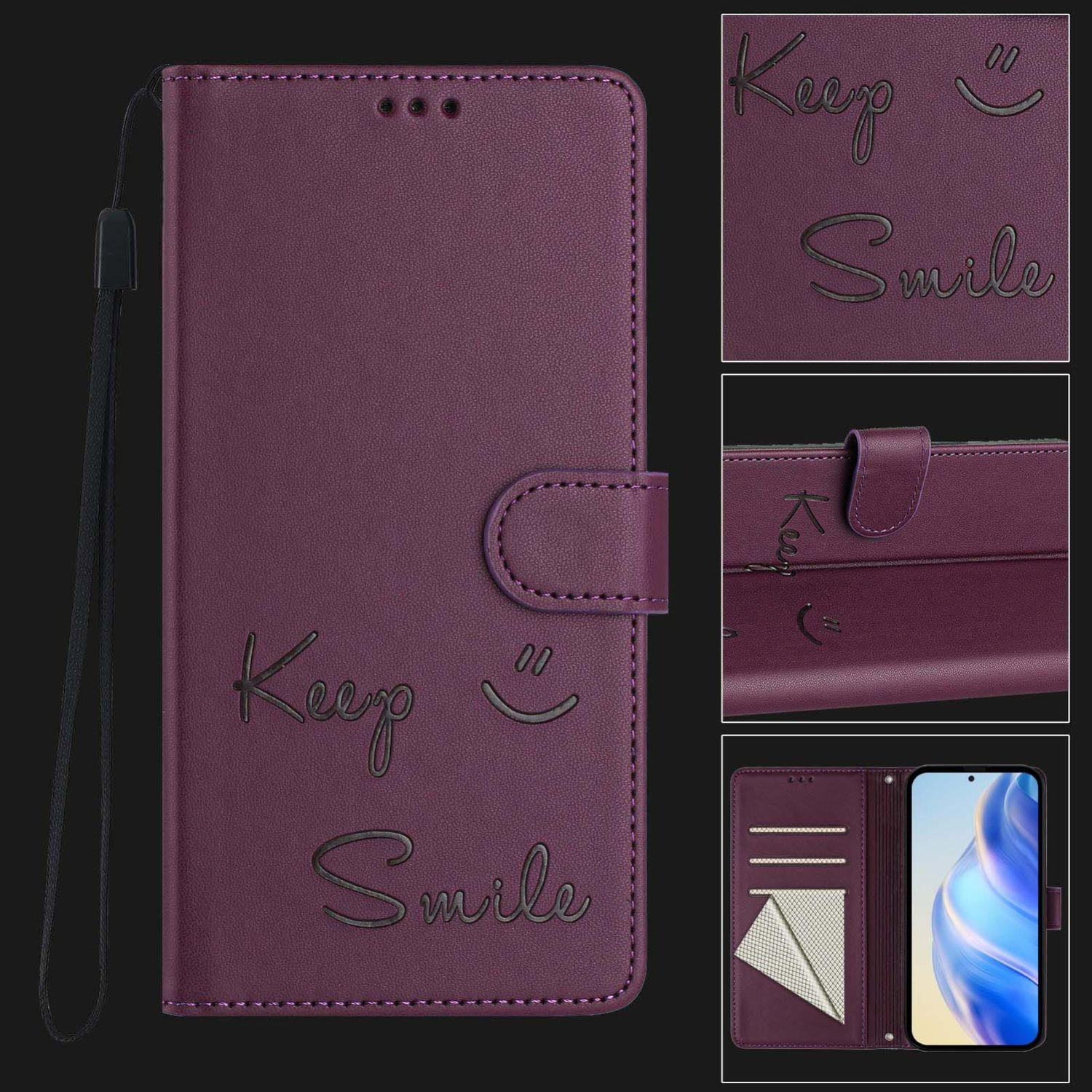 Lila Handyhülle mit "Keep Smile" Text und einem Telefon darin.