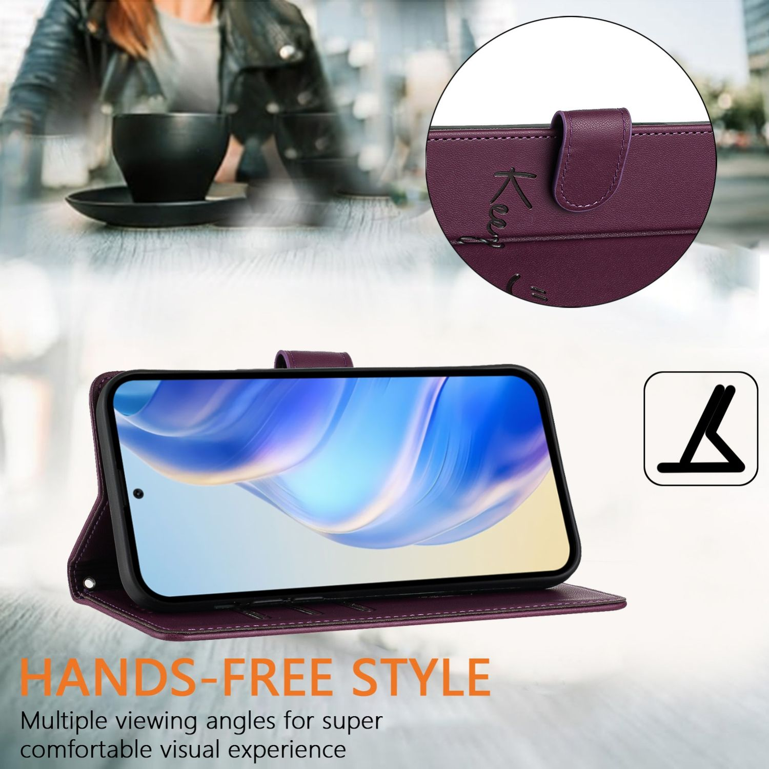 Lila Handyhülle mit Telefon darin. Die Hülle ist offen und zeigt den Bildschirm.