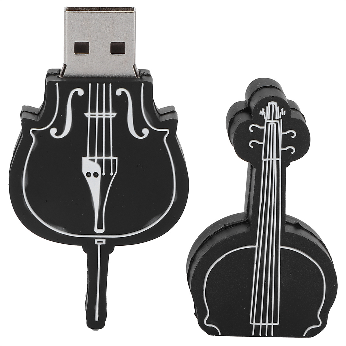 Zwei schwarze USB-Sticks in Form von Celli. Weißer Hintergrund.