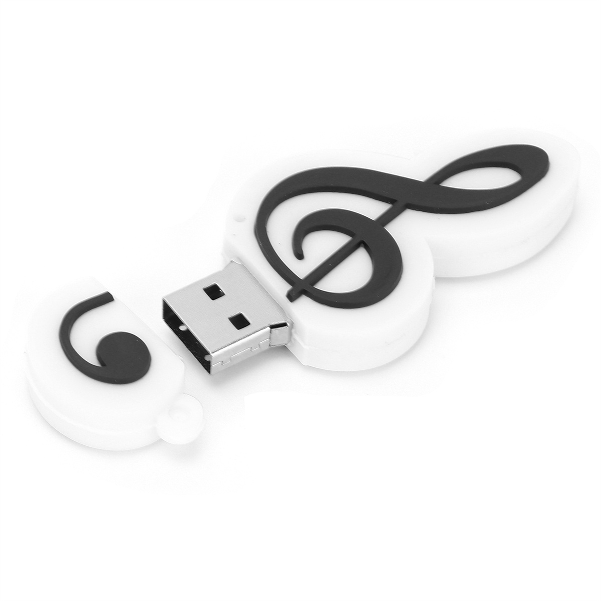 Weißer USB-Stick in Form eines Notenschlüssels mit schwarzem Design.