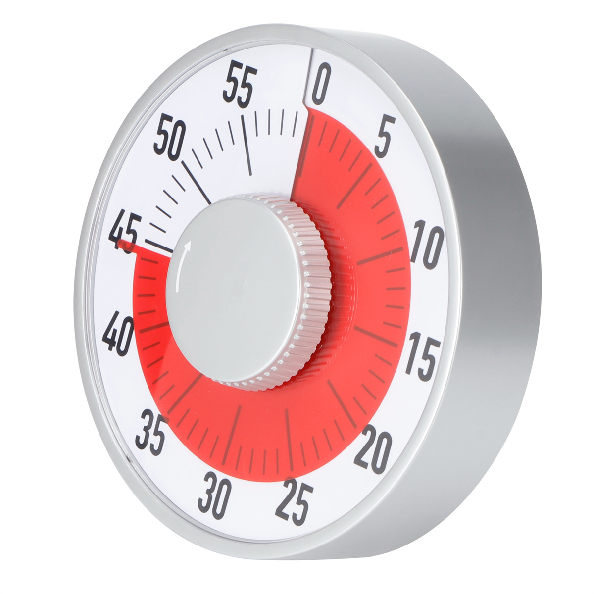 Silberner Küchentimer mit rotem Ring. Der Timer zeigt die Zeit und hat ein Dreh-Rad.