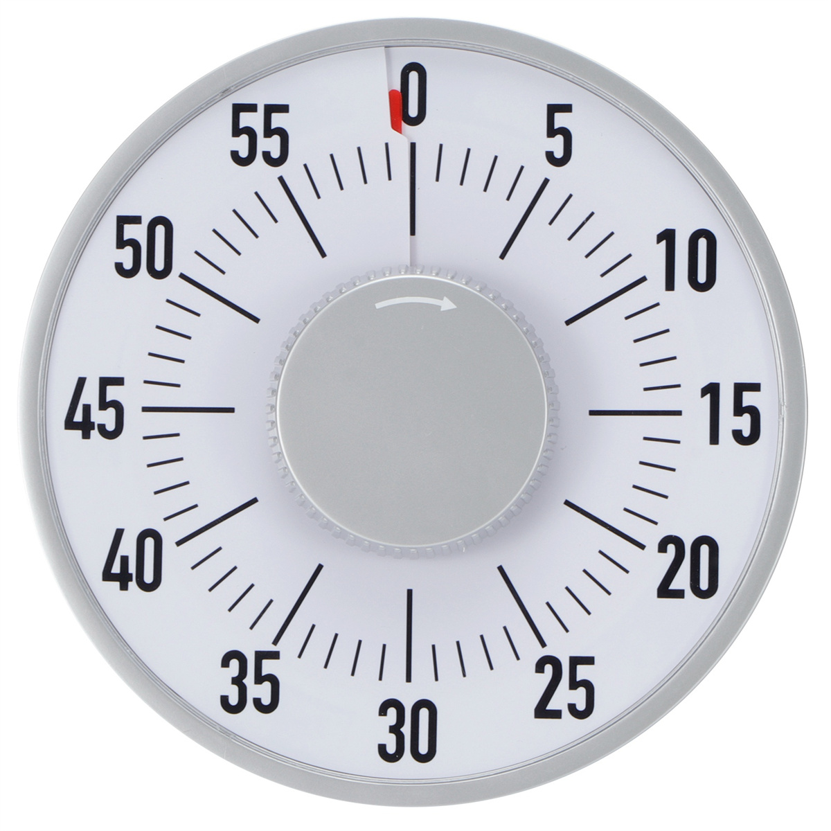 Ein weißer Timer mit schwarzen Zahlen und einem silbernen Zifferblatt auf weißem Hintergrund.
