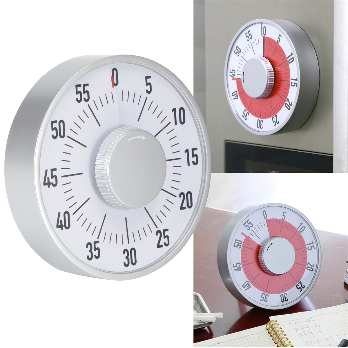 Küchentimer, rund, mit roten und weißen Markierungen. Drei Winkel gezeigt.