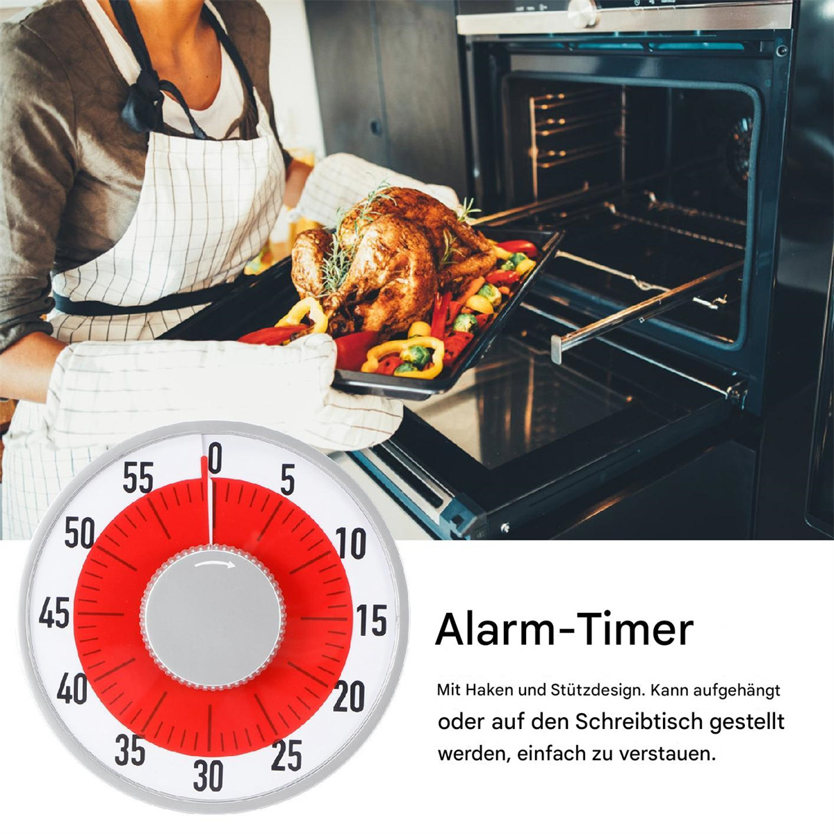 Ein Timer mit rotem Zifferblatt und eine Frau, die ein Tablett mit Essen vor einem Ofen hält.