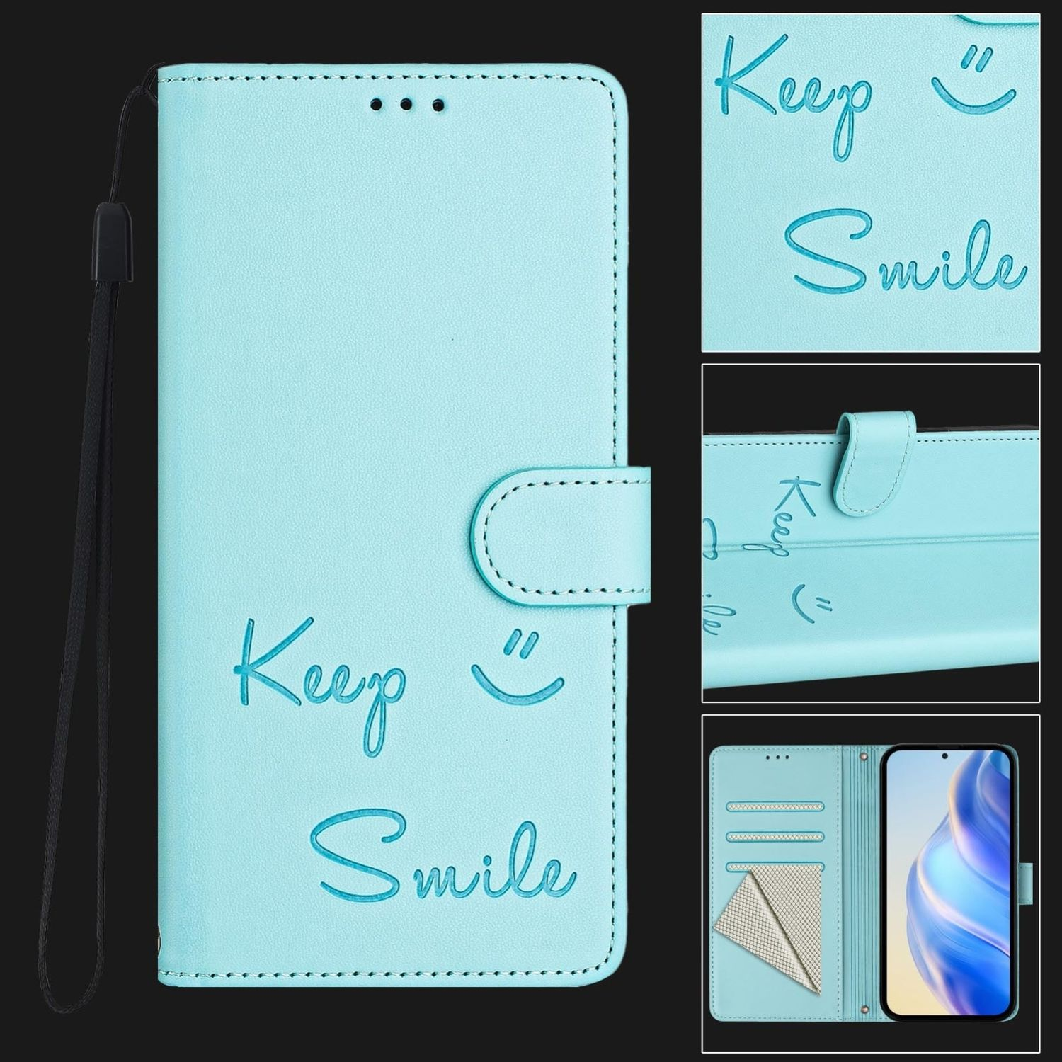 Eine hellblaue Handyhülle mit dem Schriftzug 'Keep Smile'.