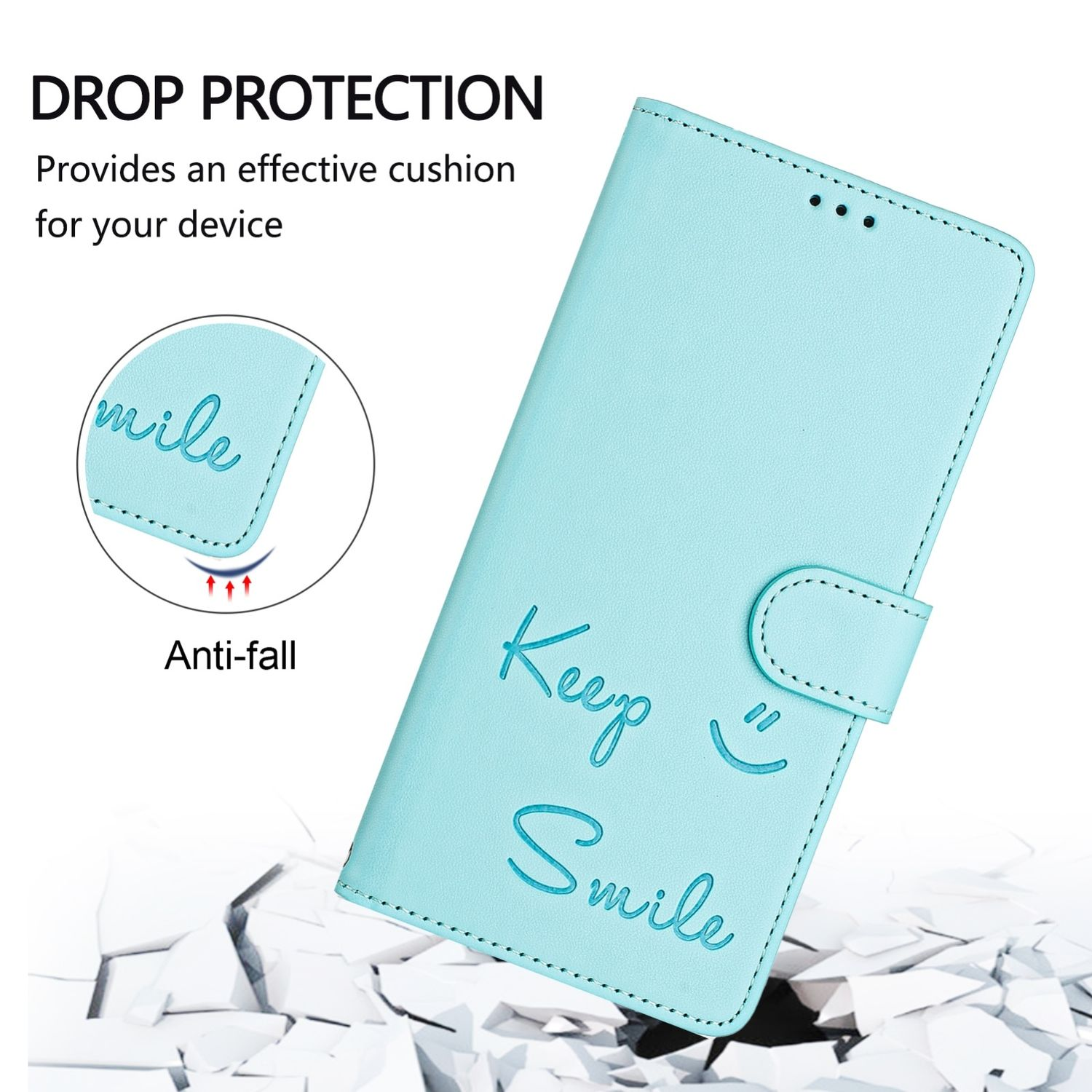 Eine blaue Handyhülle mit der Aufschrift 'Keep Smile'.