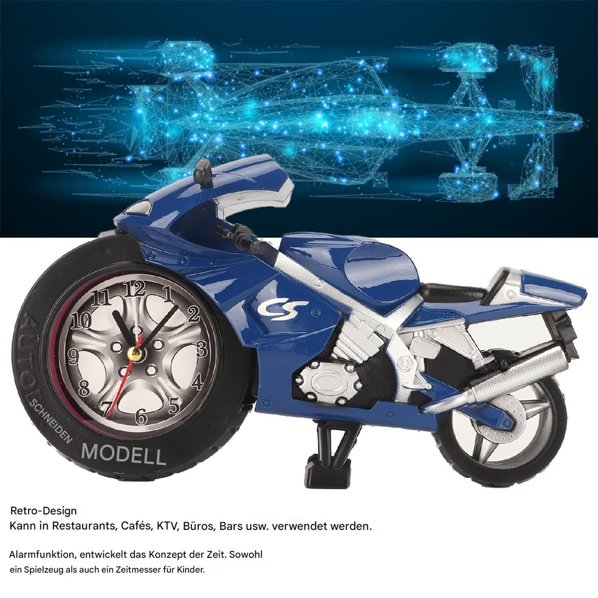 Blaues Motorrad-Uhrenmodell mit schwarzem Reifen und Digitaluhr.