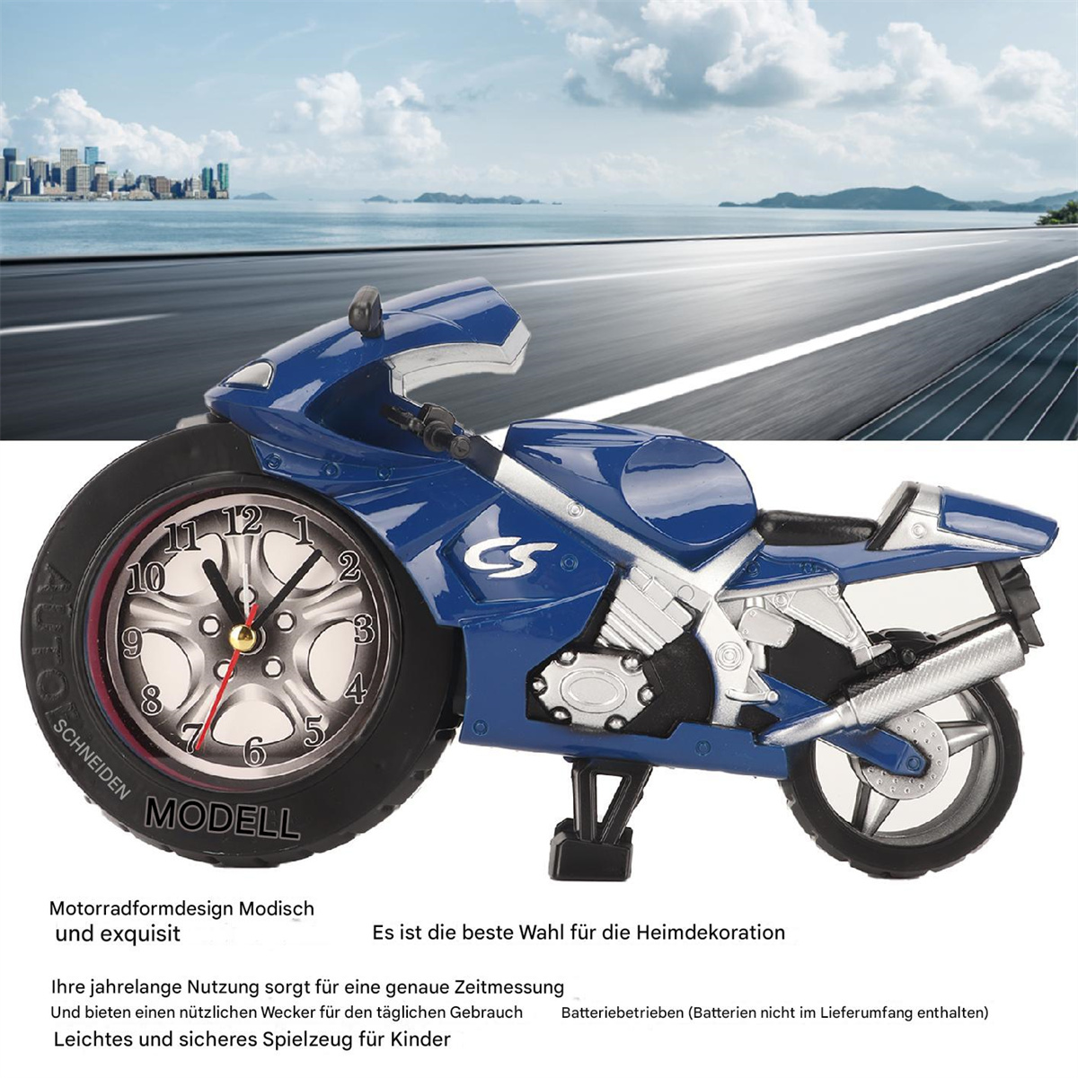 Ein Spielzeugmotorrad mit Uhr. Der Hintergrund ist eine Straße.