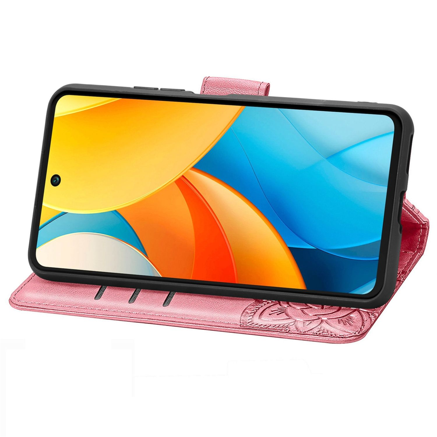 Eine rosa Handyhülle mit einem Telefon darin. Der Telefonbildschirm zeigt ein farbenfrohes abstraktes Bild. Die Hülle hat ein Blumendesign.