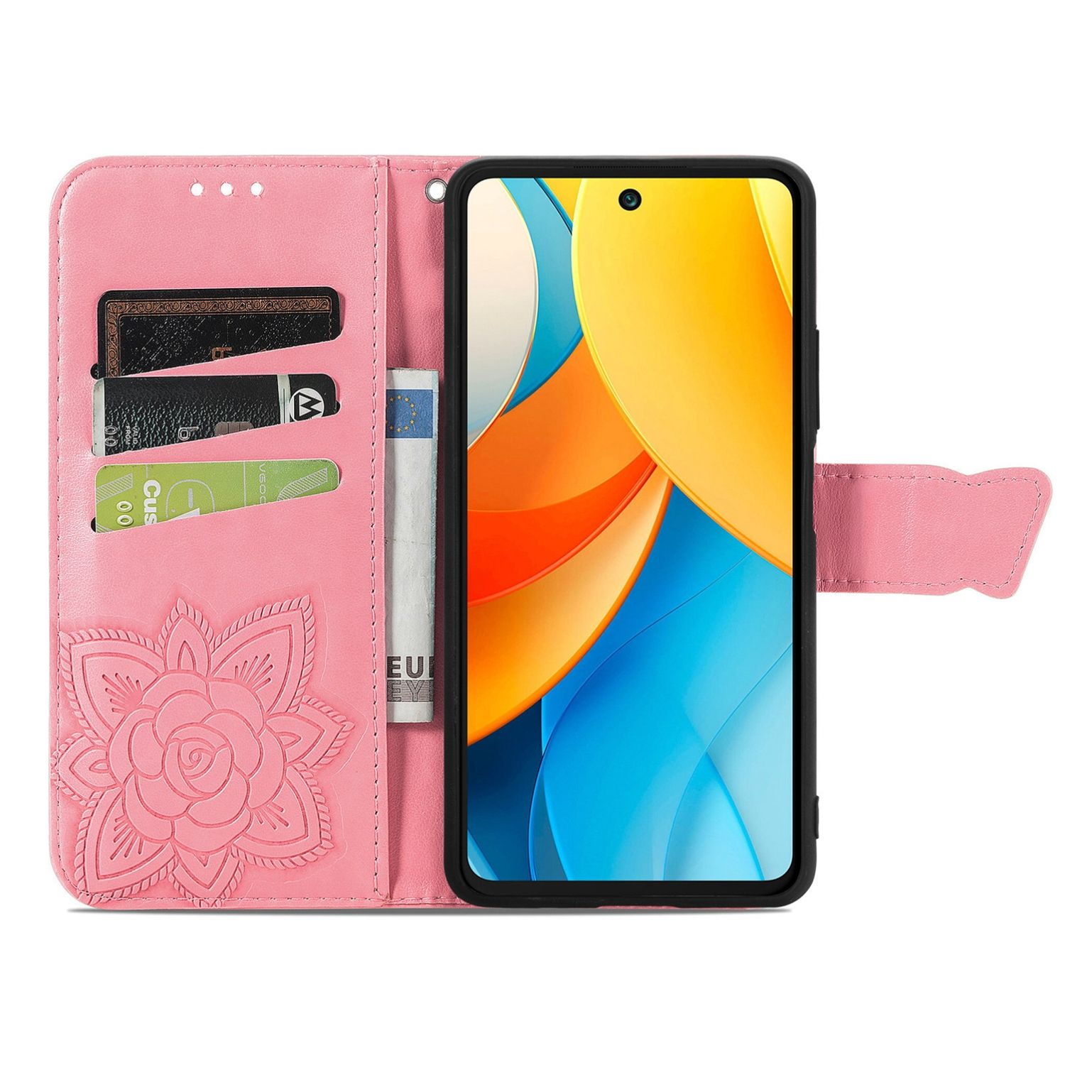 Eine rosa Handyhülle, die geöffnet ist, um Karten und Geld zu zeigen, mit einem Telefon im Halter.