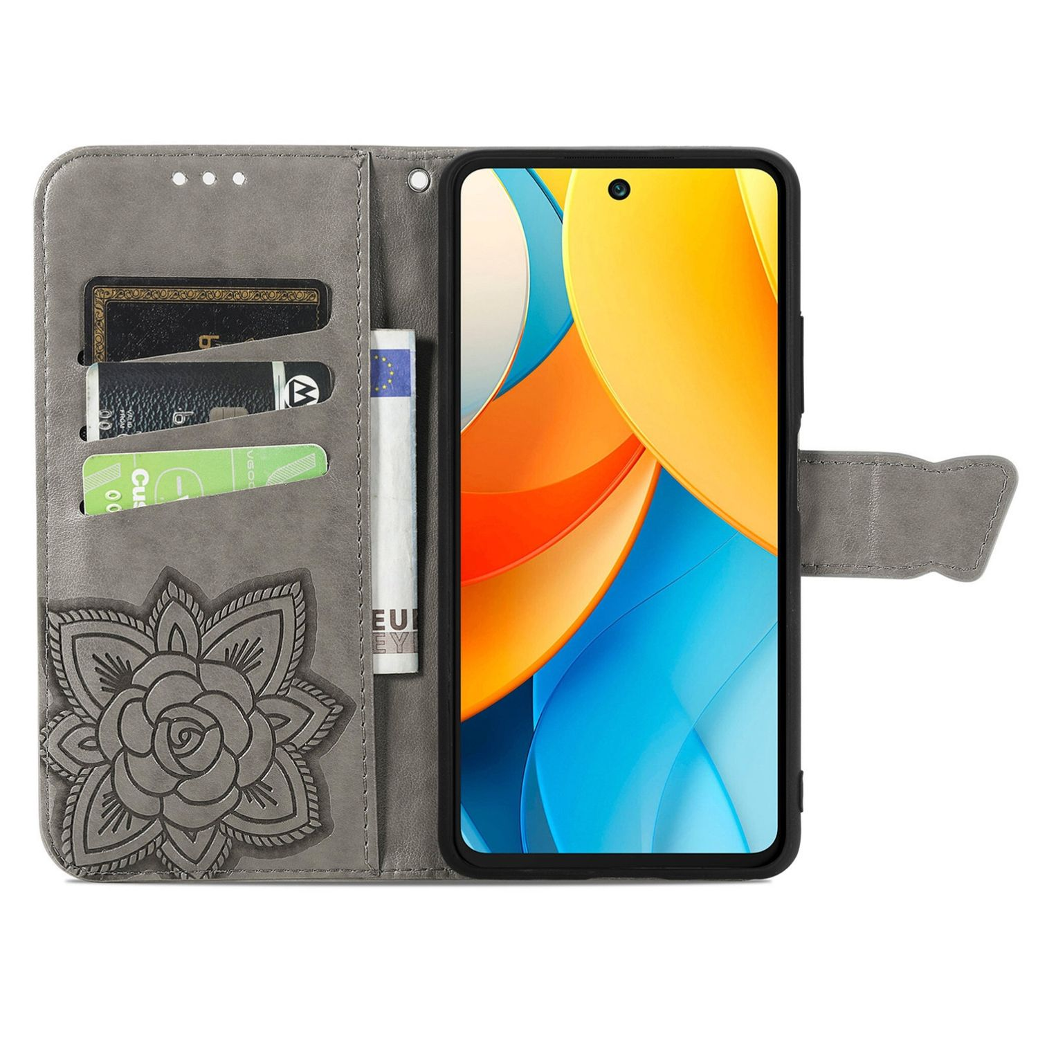 Graue Geldbörsenhülle mit Telefon, Karten und Geld, mit Blumenmuster.