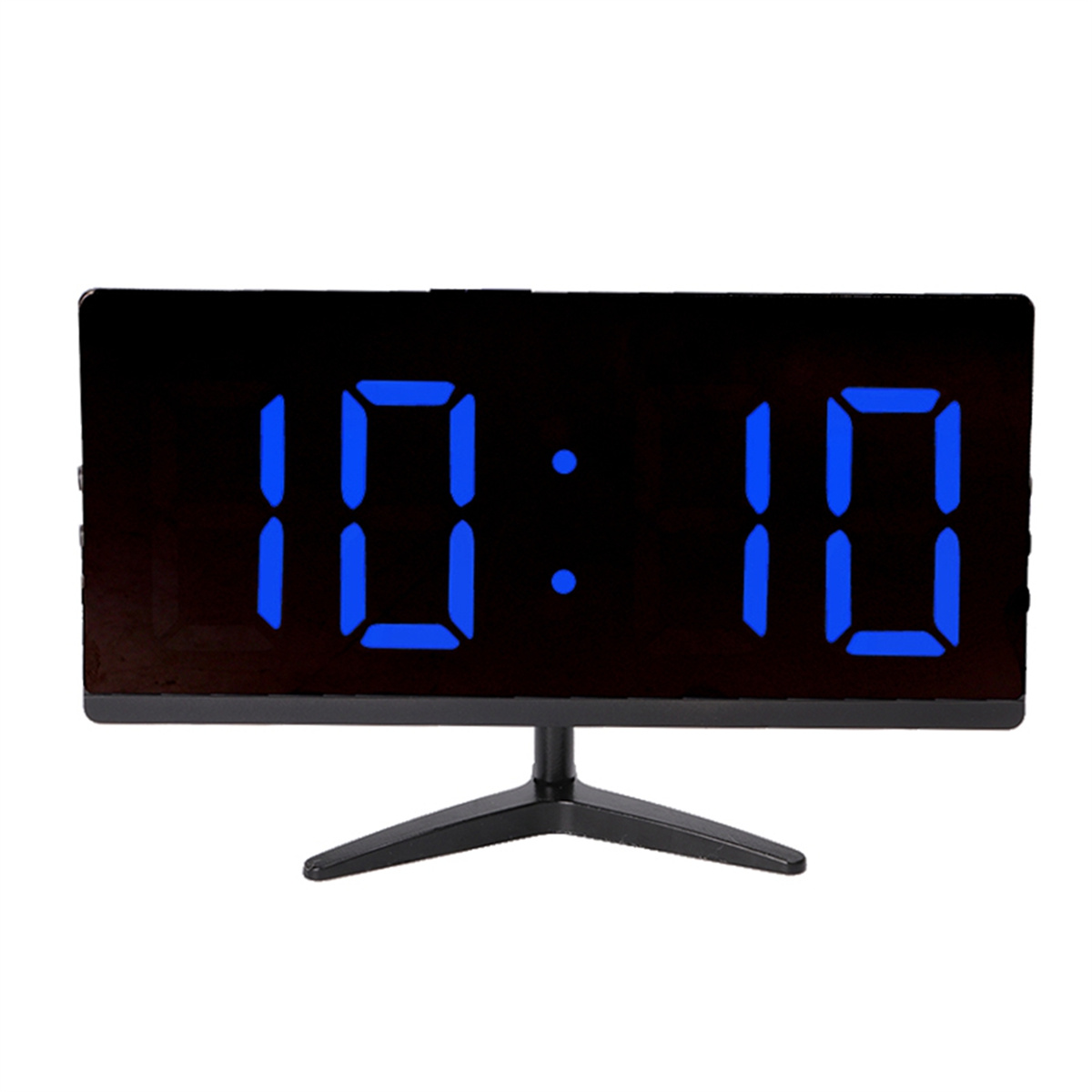 Schwarze Digitaluhr, die 10:10 in blauen Ziffern anzeigt. Schwarze Basis.