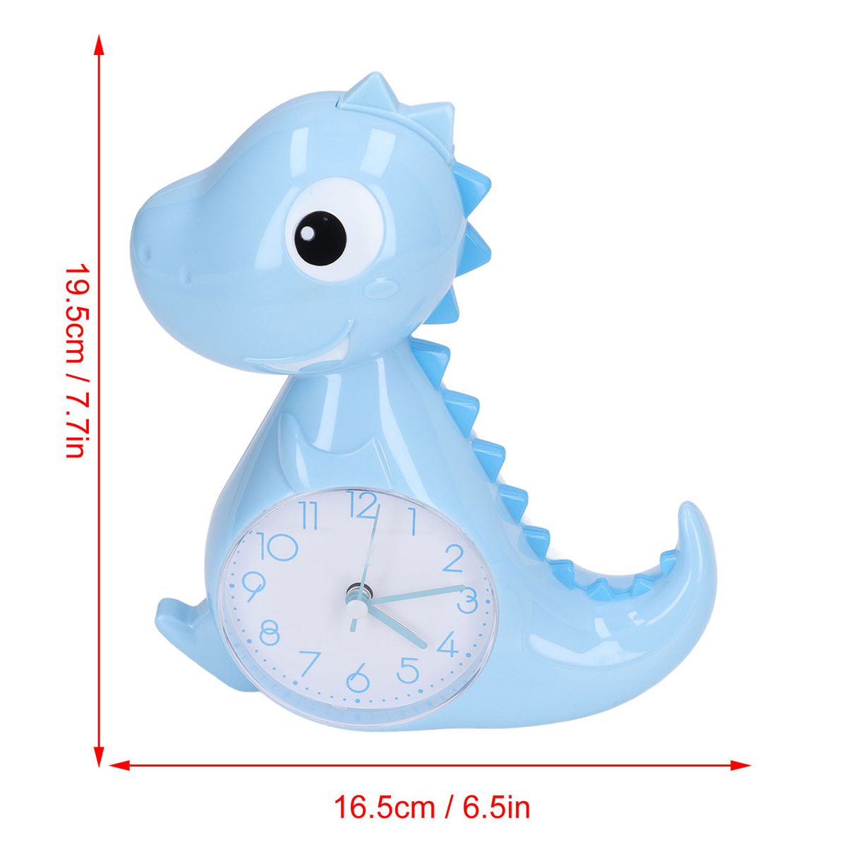 Blauer Dinosaurier-Wecker. Die Uhr hat ein weißes Zifferblatt und Zeiger, Maße sind markiert.