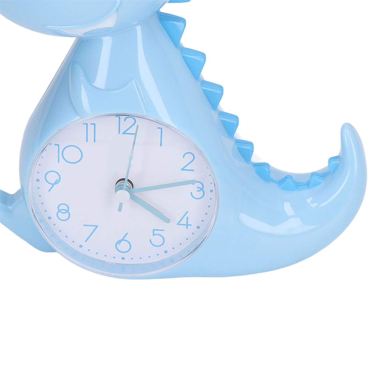 Blaue Dinosaurieruhr mit weißem Zifferblatt.