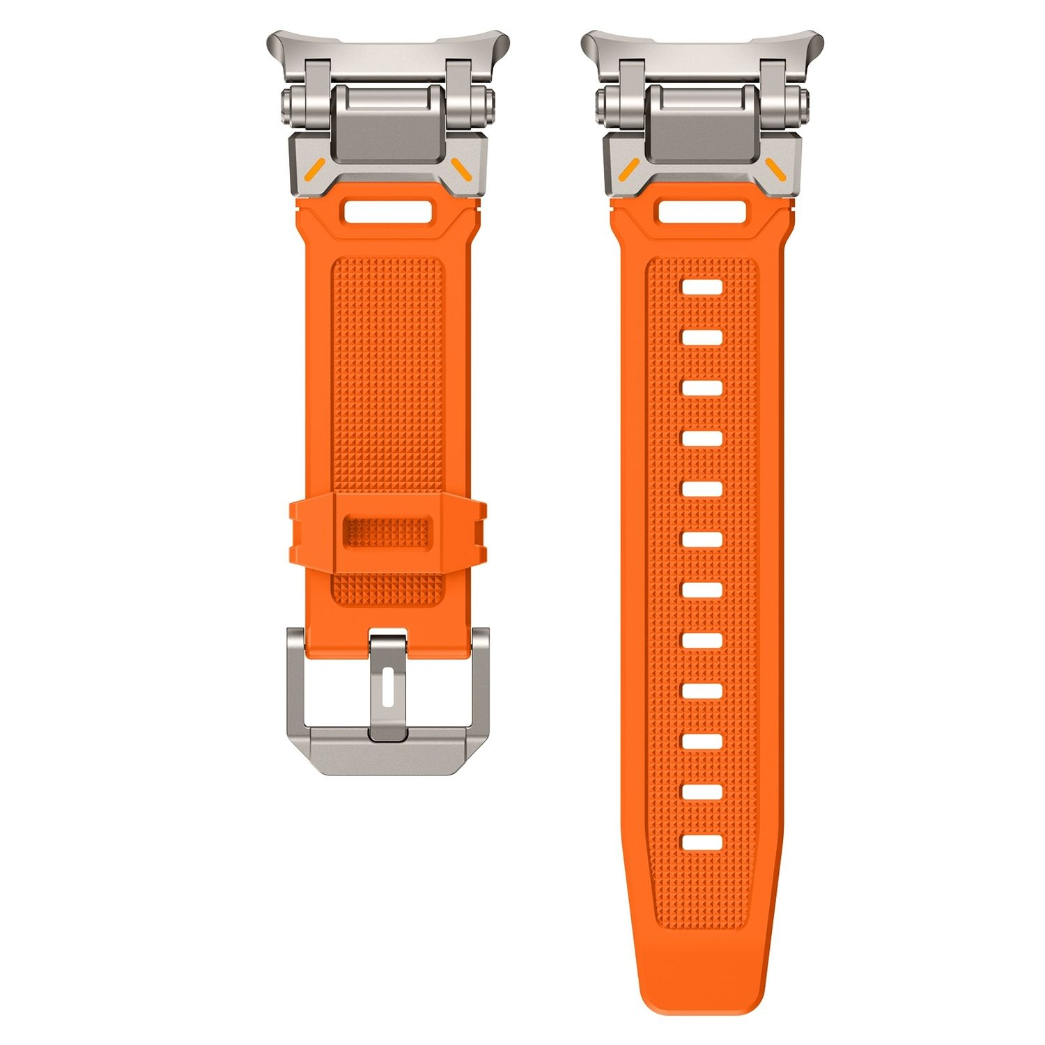 Zwei orangefarbene Uhrenarmbänder mit silbernen Metallverschlüssen. Ein Armband ist geschnallt.