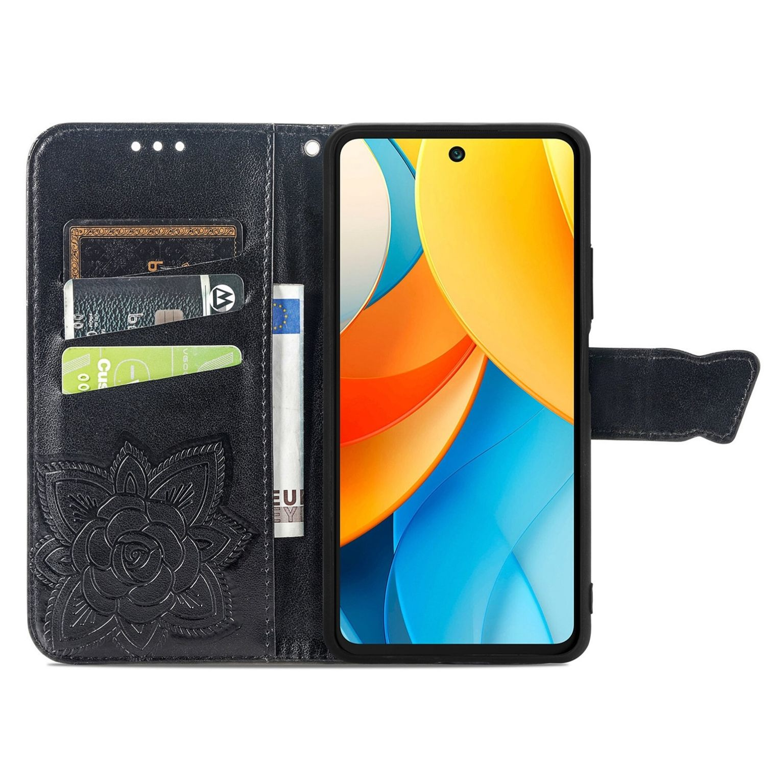 Schwarze Handyhülle mit Blumendesign, Kreditkartenfächern und Telefon im Inneren.