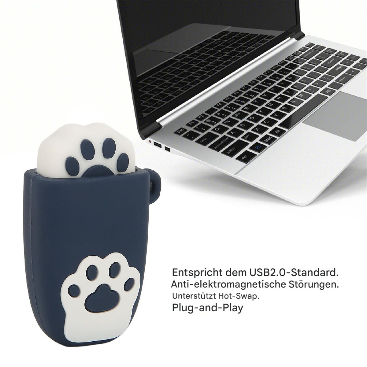 Ein USB-Stick in Form einer Katzenpfote, neben einem Laptop. Text über USB-Standards.