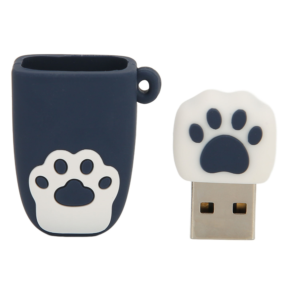 Ein blauer USB-Stick in einem pfotenförmigen Gehäuse und ein weißer pfotenförmiger USB-Anschluss.