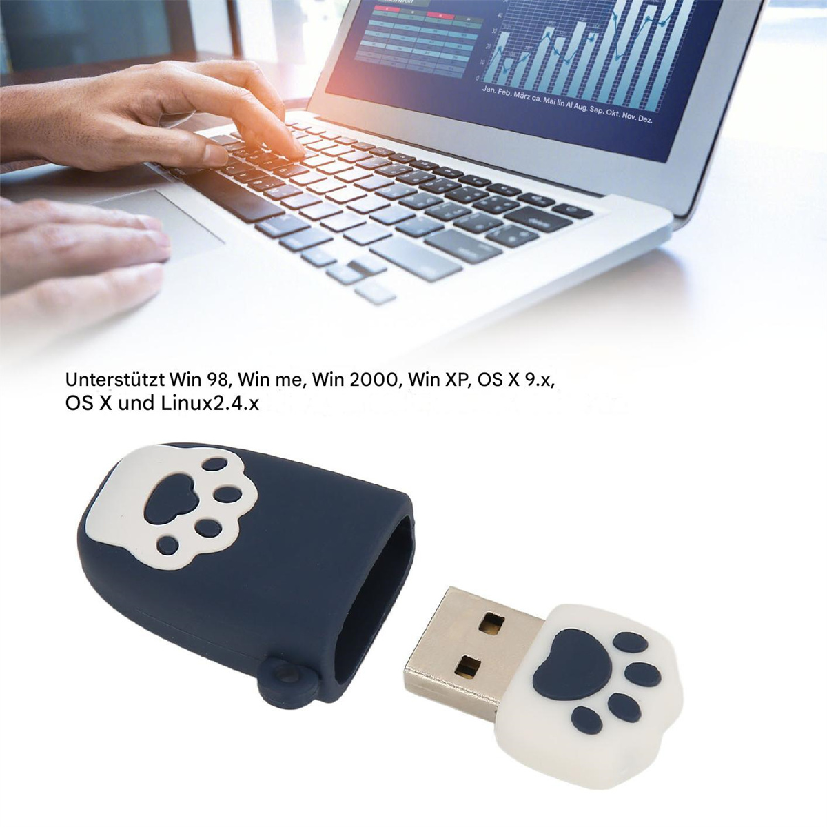 Ein USB-Stick mit Pfotenabdruck-Design und einem Laptop im Hintergrund. Text unterstützt verschiedene Windows- und Linux-Betriebssysteme.
