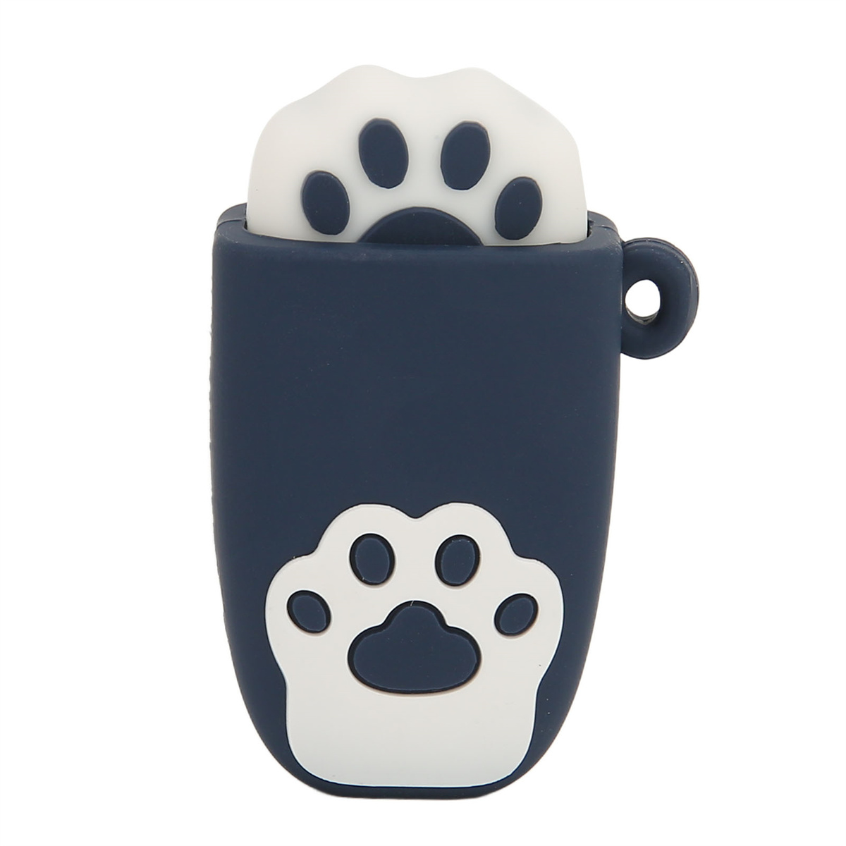 Ein blauer USB-Stick in Katzenpfotenform wird auf weißem Hintergrund gezeigt.