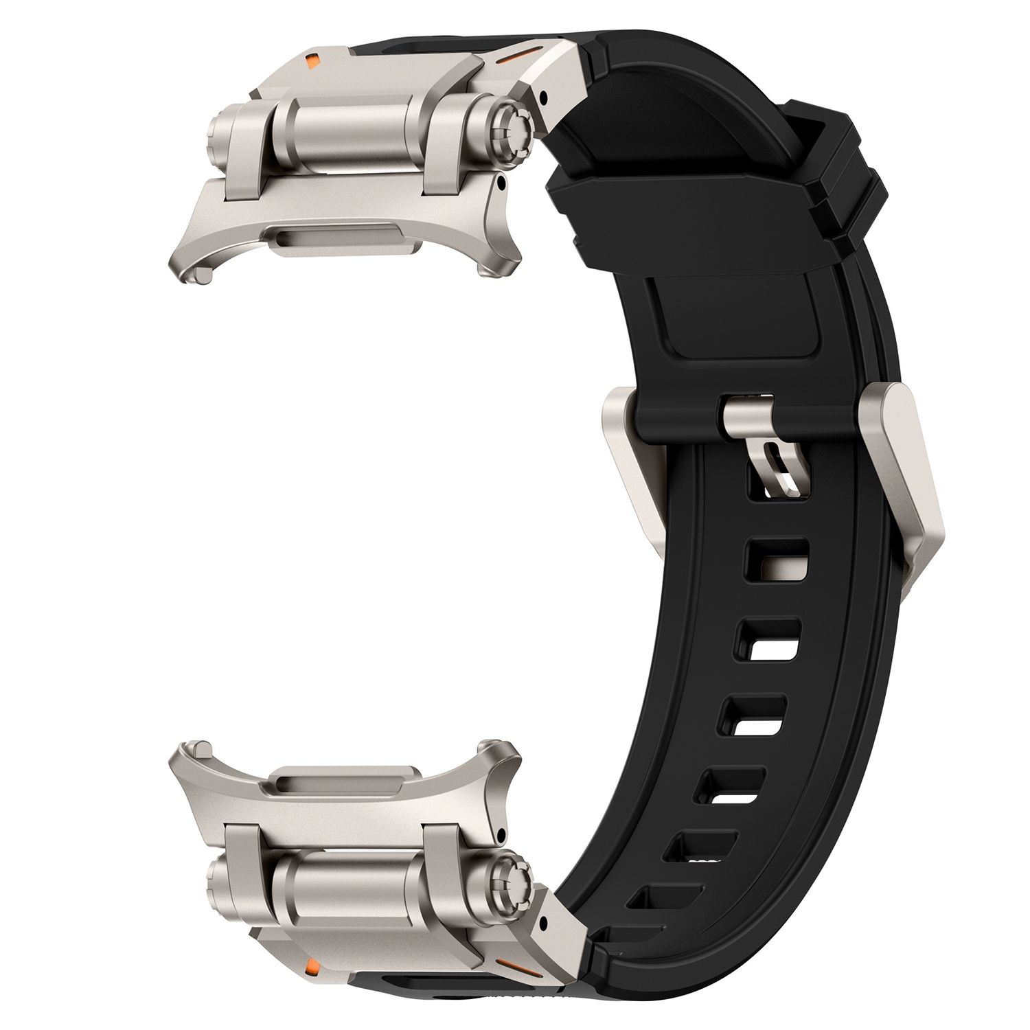 Schwarzes und silbernes Uhrenarmband. Es hat Metallakzente und ein schwarzes Band. Weißer Hintergrund.