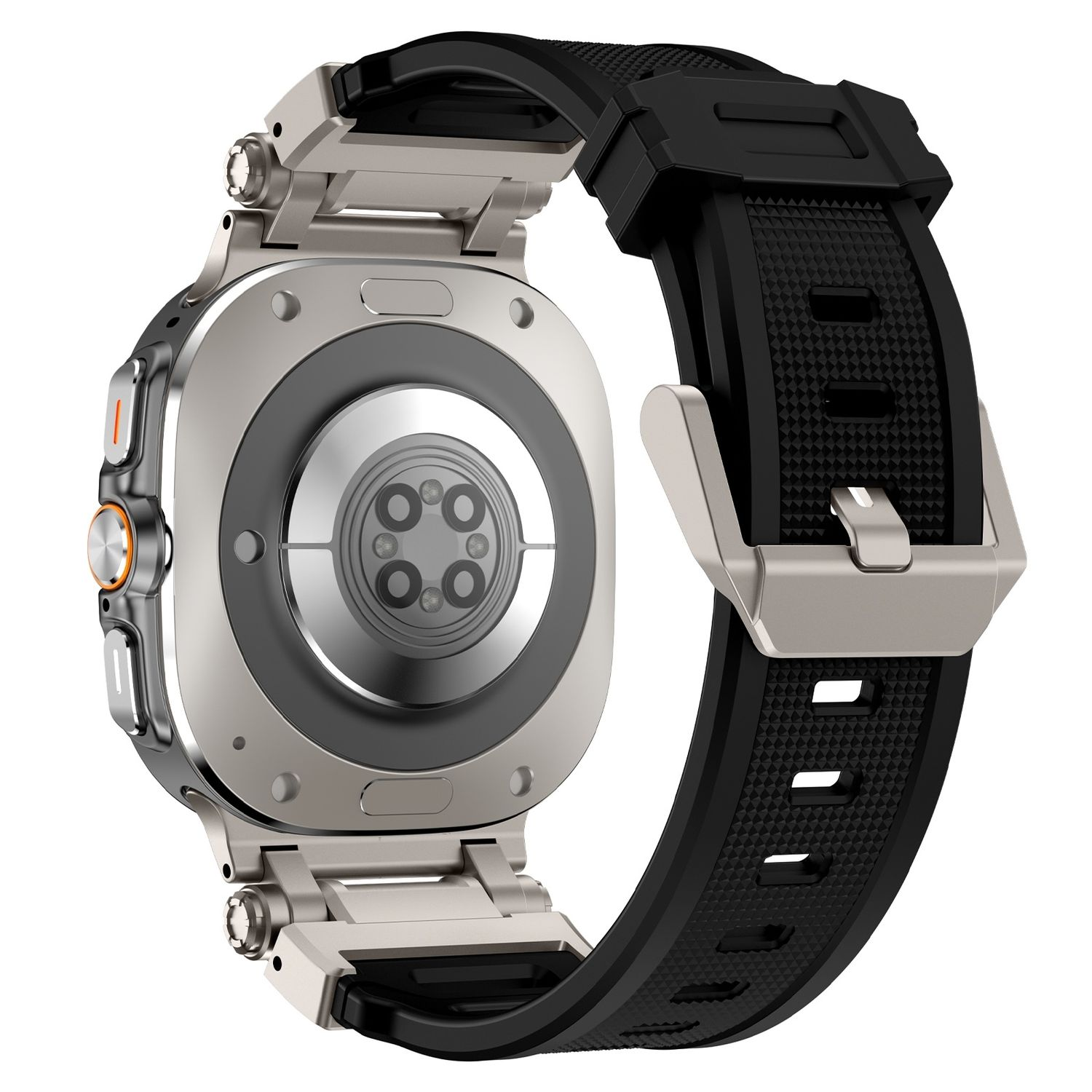 Eine silberne und schwarze Smartwatch mit schwarzem Armband. Die Rückseite ist sichtbar.