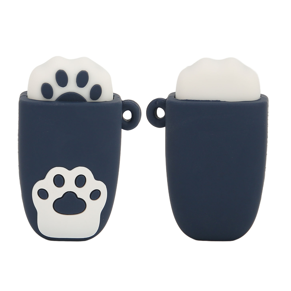Zwei marineblaue Tassen mit weißen Pfotenabdrücken, die wie Katzenpfoten geformt sind.