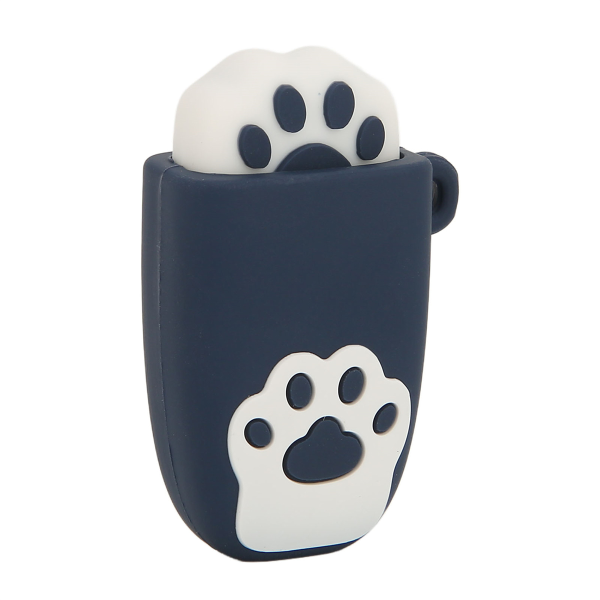 Ein dunkelblauer USB-Stick mit Katzenpfote und weißem Pfoten-Detail. Weißer Hintergrund.