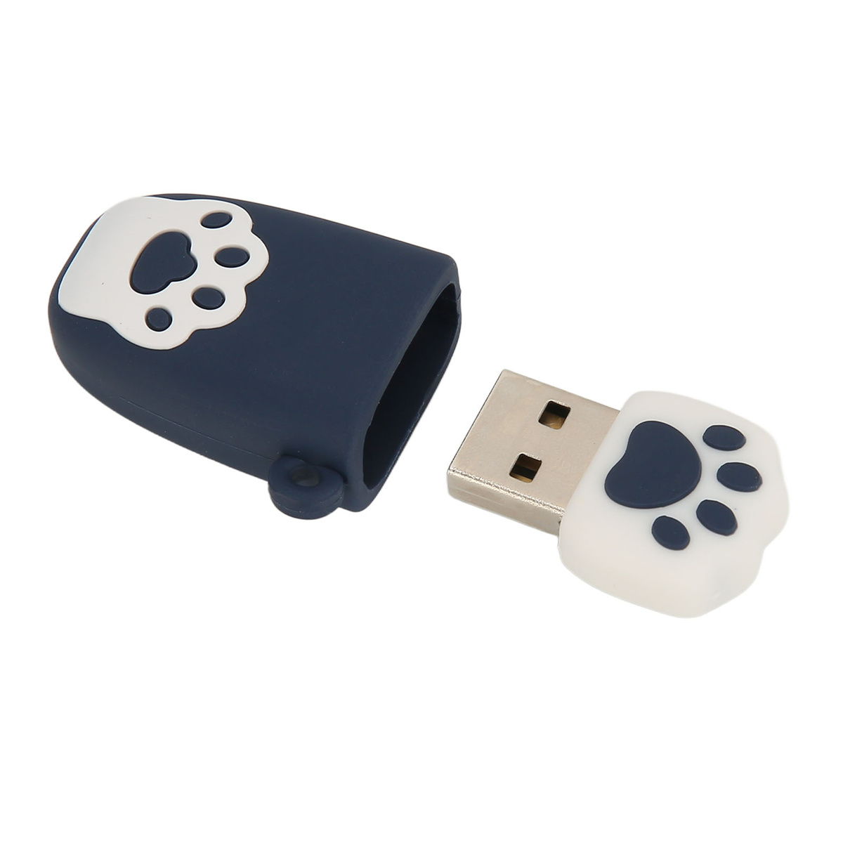 Ein dunkelblauer USB-Stick mit weißem Pfoten-Design. Die Kappe ist abgenommen.