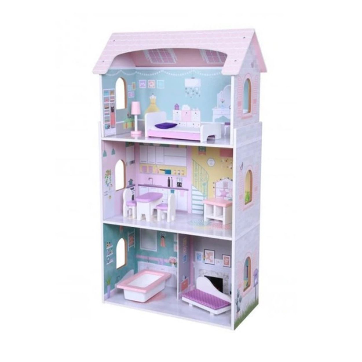 Ein pinkes Puppenhaus mit mehreren Zimmern und Miniaturmöbeln.