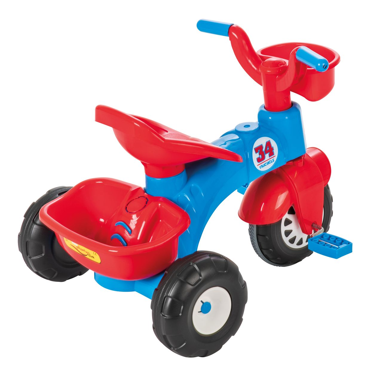 Ein rot-blaues Dreirad mit Korb und der Zahl 34 an der Seite.