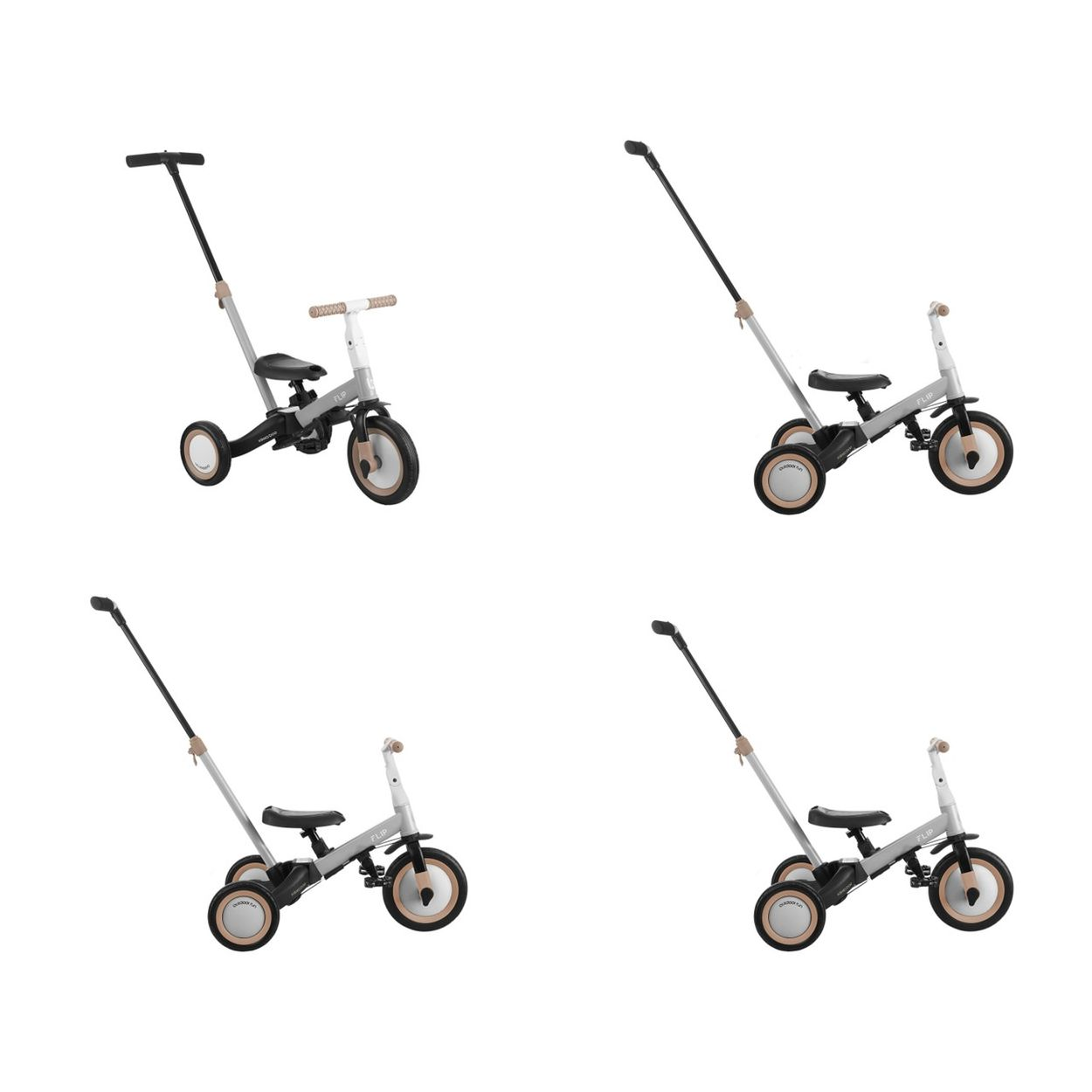 Vier Kindertrikes vor weißem Hintergrund. Sie haben einen Schiebegriff.