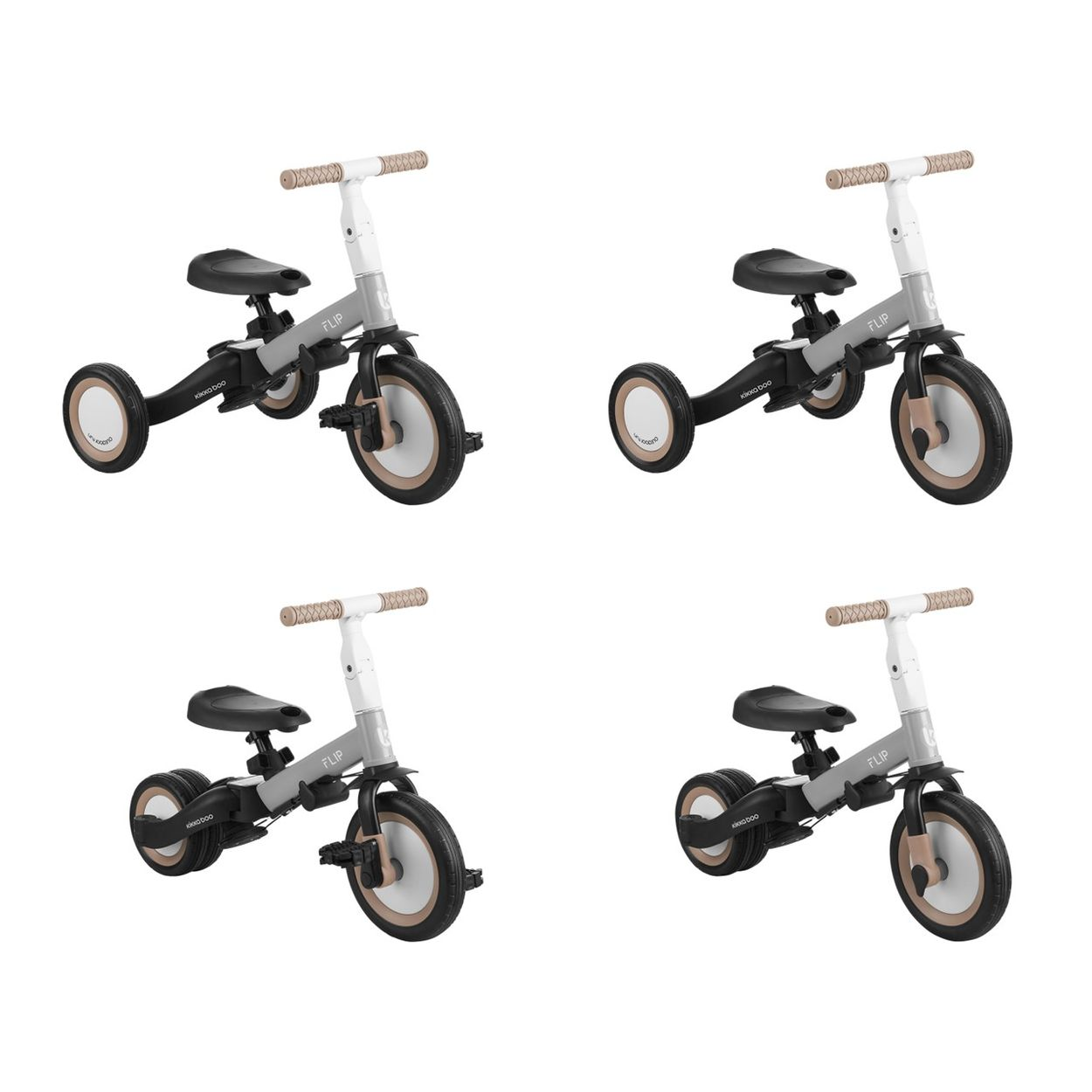 Vier Dreiräder, jedes mit Sitz und Pedalen. Sie sind hellgrau und haben beige Akzente.