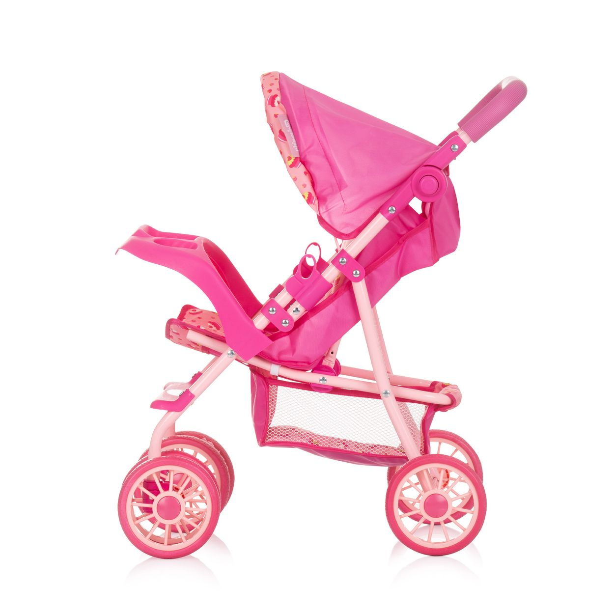 Ein rosa Puppenwagen mit vier Rädern, Sonnenblende und kleinem Stauraum.