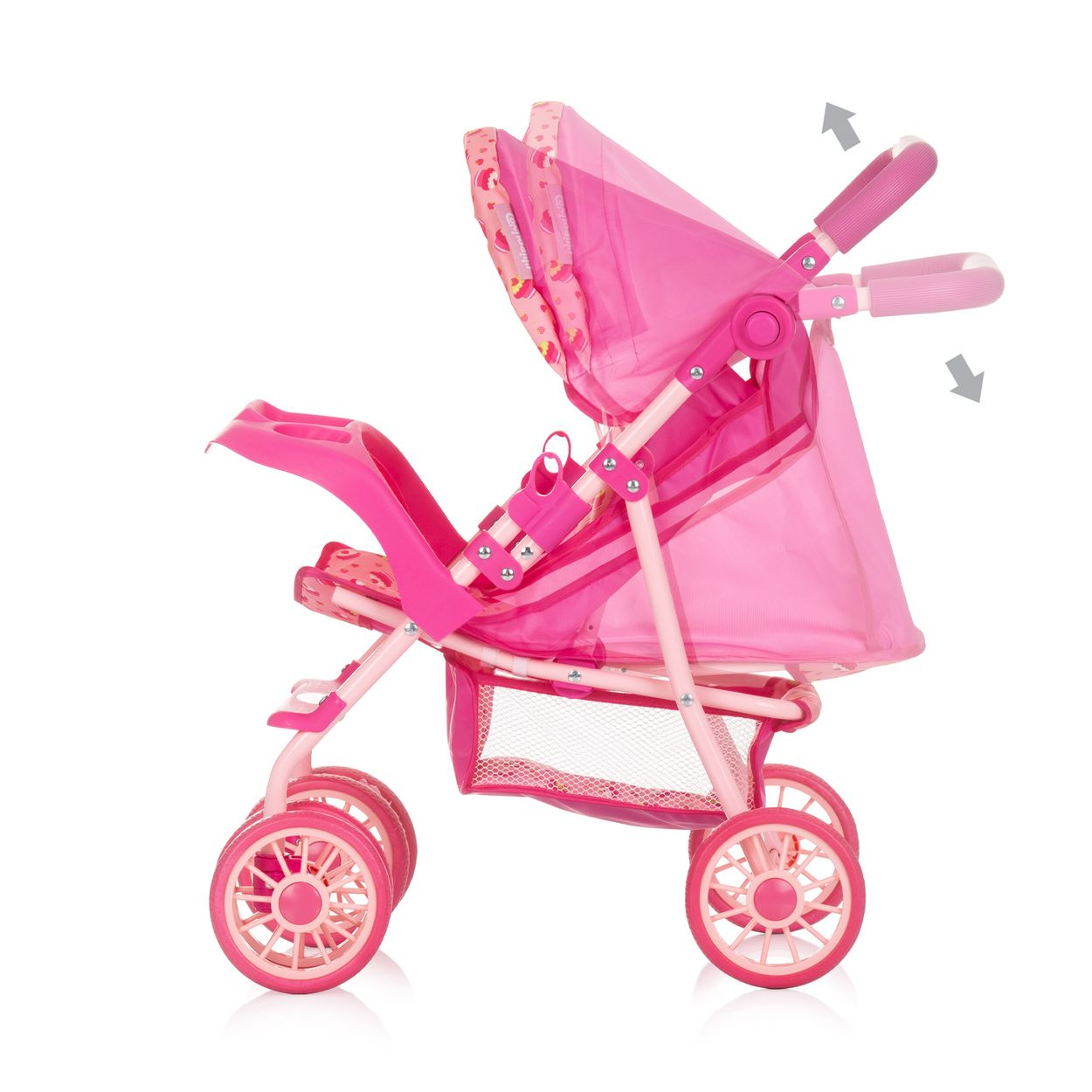 Rosa Puppenwagen mit verstellbarem Verdeck. Seitenansicht zeigt einen Netzkorb und rosa Räder.